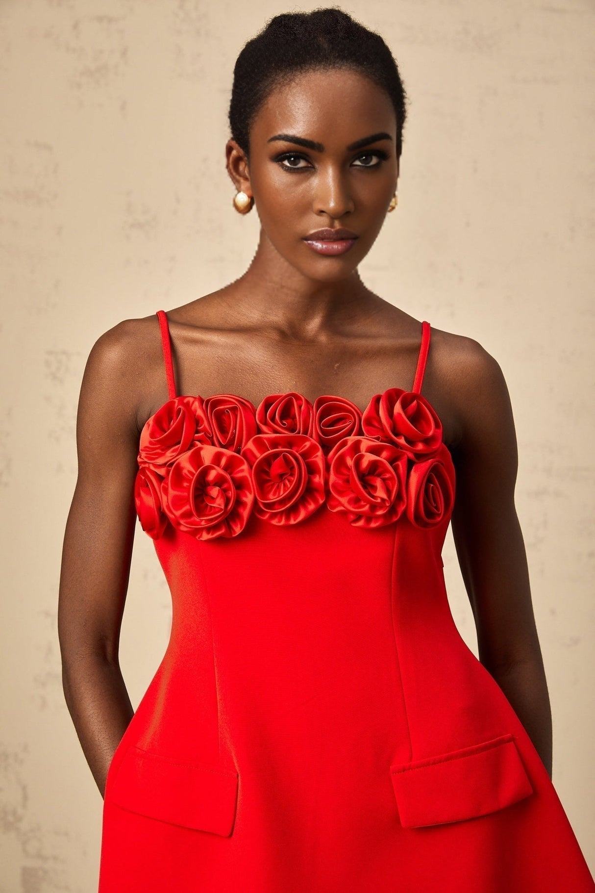 Donatella Mini Dress - Spaghetti Straps - Floral Appliqué - Cinched Waist - Flared Skirt - Rear Zip Fastening