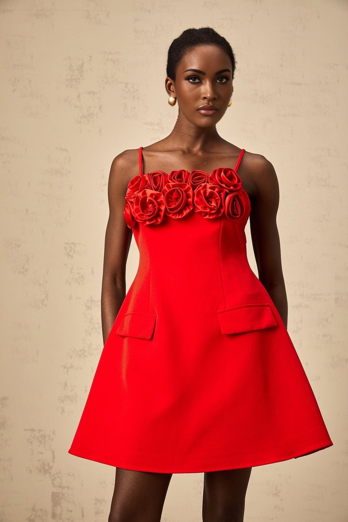 Donatella Mini Dress - Spaghetti Straps - Floral Appliqué - Cinched Waist - Flared Skirt - Rear Zip Fastening