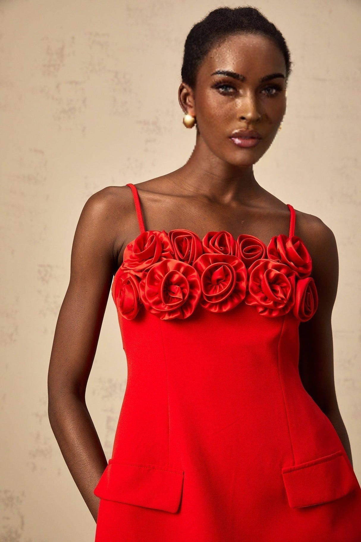 Donatella Mini Dress - Spaghetti Straps - Floral Appliqué - Cinched Waist - Flared Skirt - Rear Zip Fastening