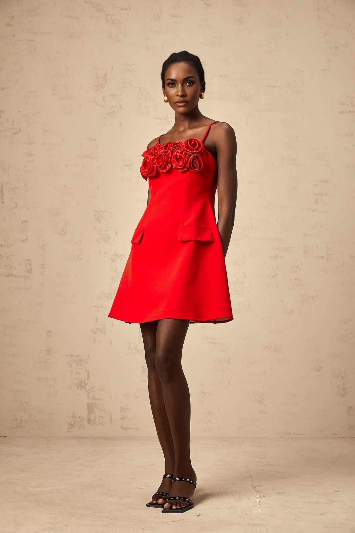 Donatella Mini Dress - Spaghetti Straps - Floral Appliqué - Cinched Waist - Flared Skirt - Rear Zip Fastening