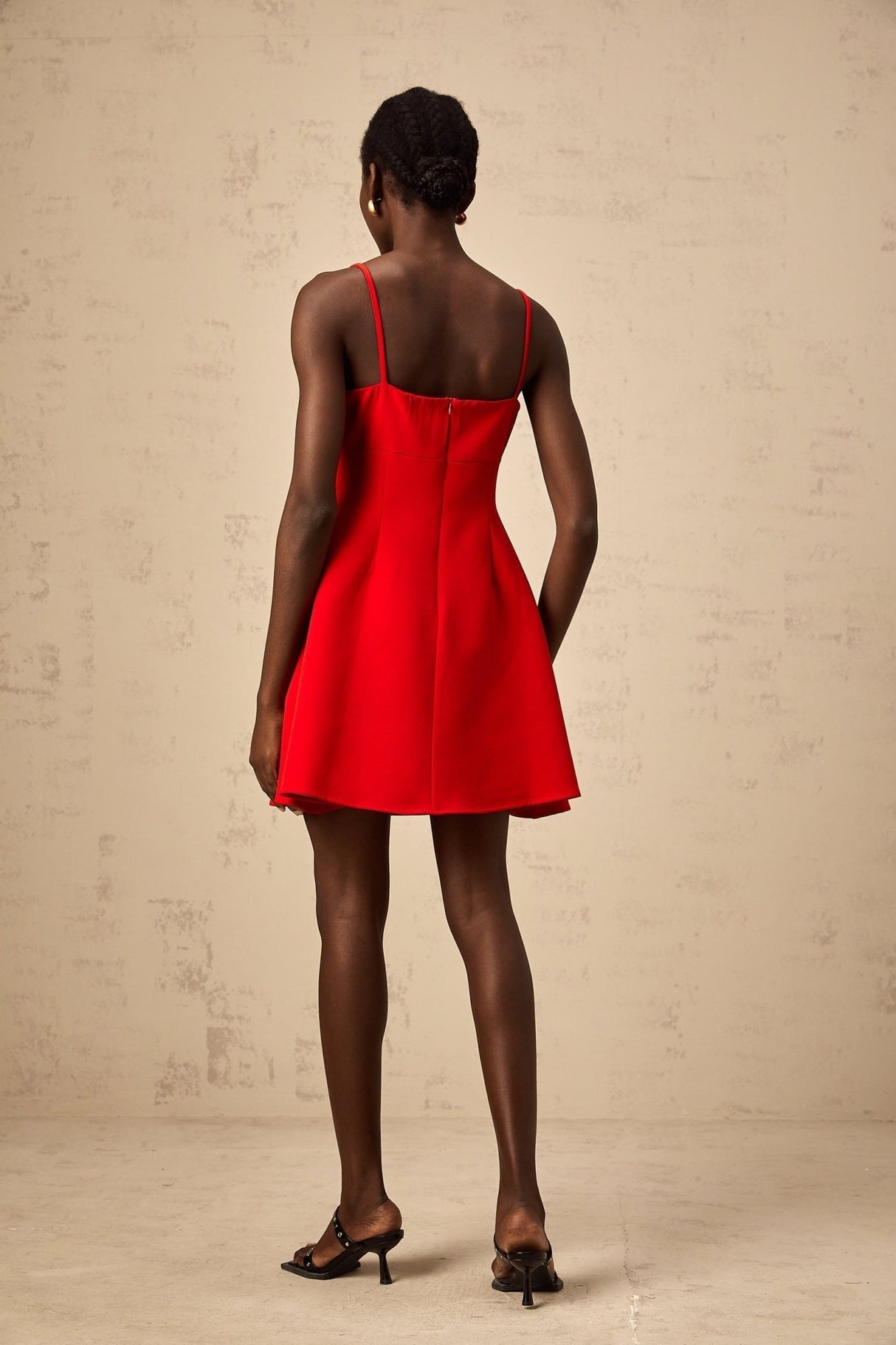 Donatella Mini Dress - Spaghetti Straps - Floral Appliqué - Cinched Waist - Flared Skirt - Rear Zip Fastening