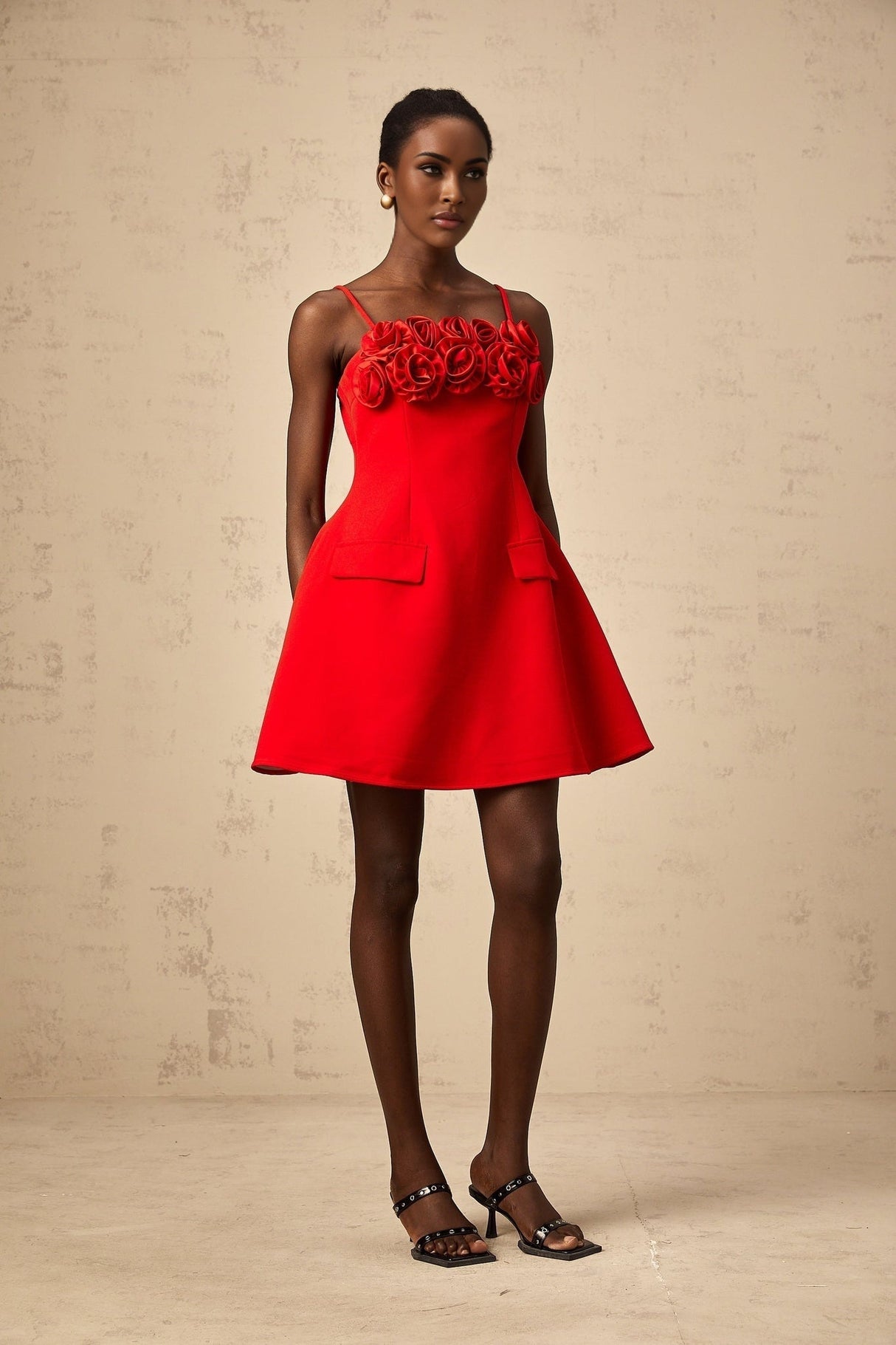 Donatella Mini Dress - Spaghetti Straps - Floral Appliqué - Cinched Waist - Flared Skirt - Rear Zip Fastening