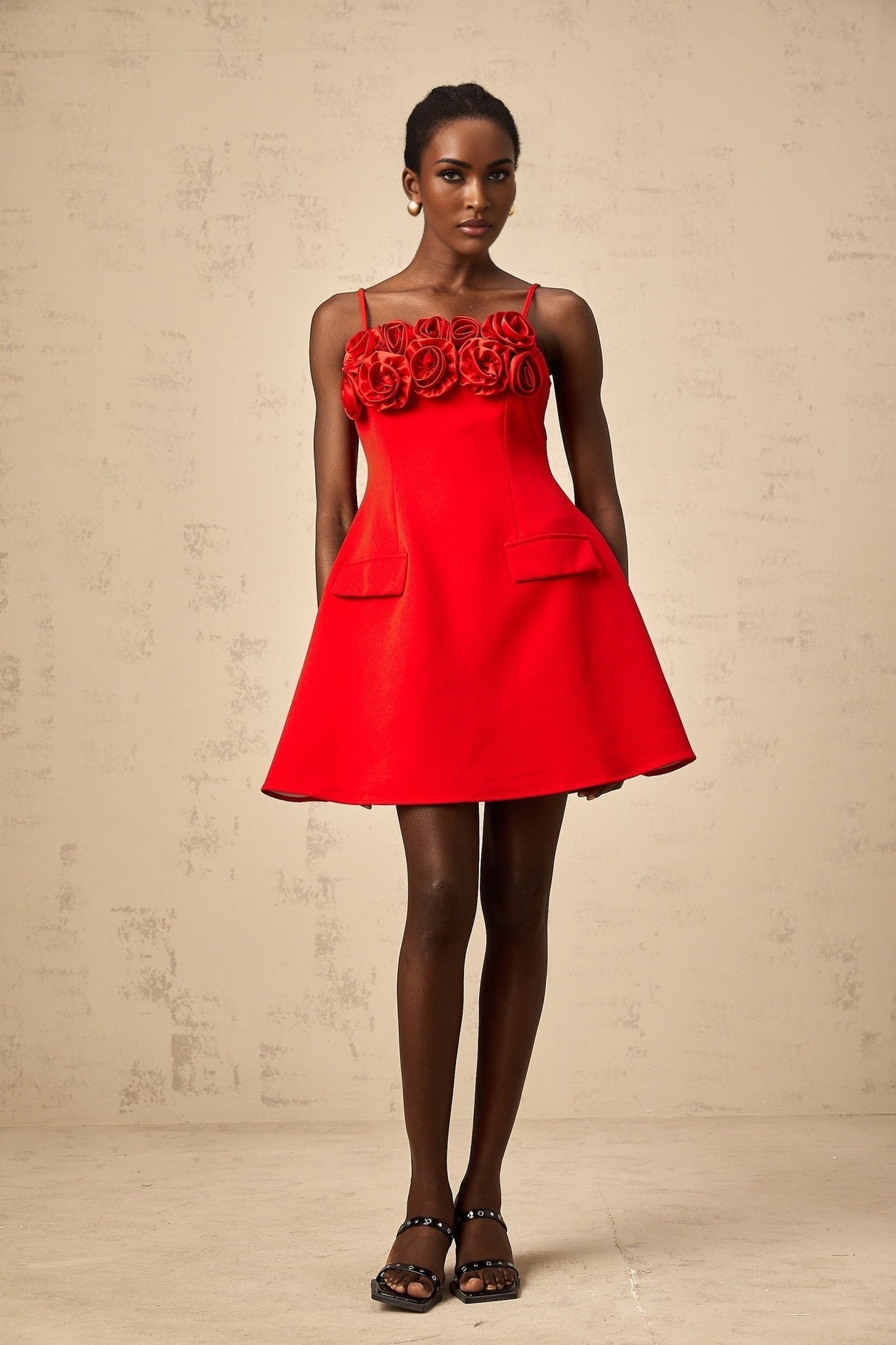 Donatella Mini Dress - Spaghetti Straps - Floral Appliqué - Cinched Waist - Flared Skirt - Rear Zip Fastening