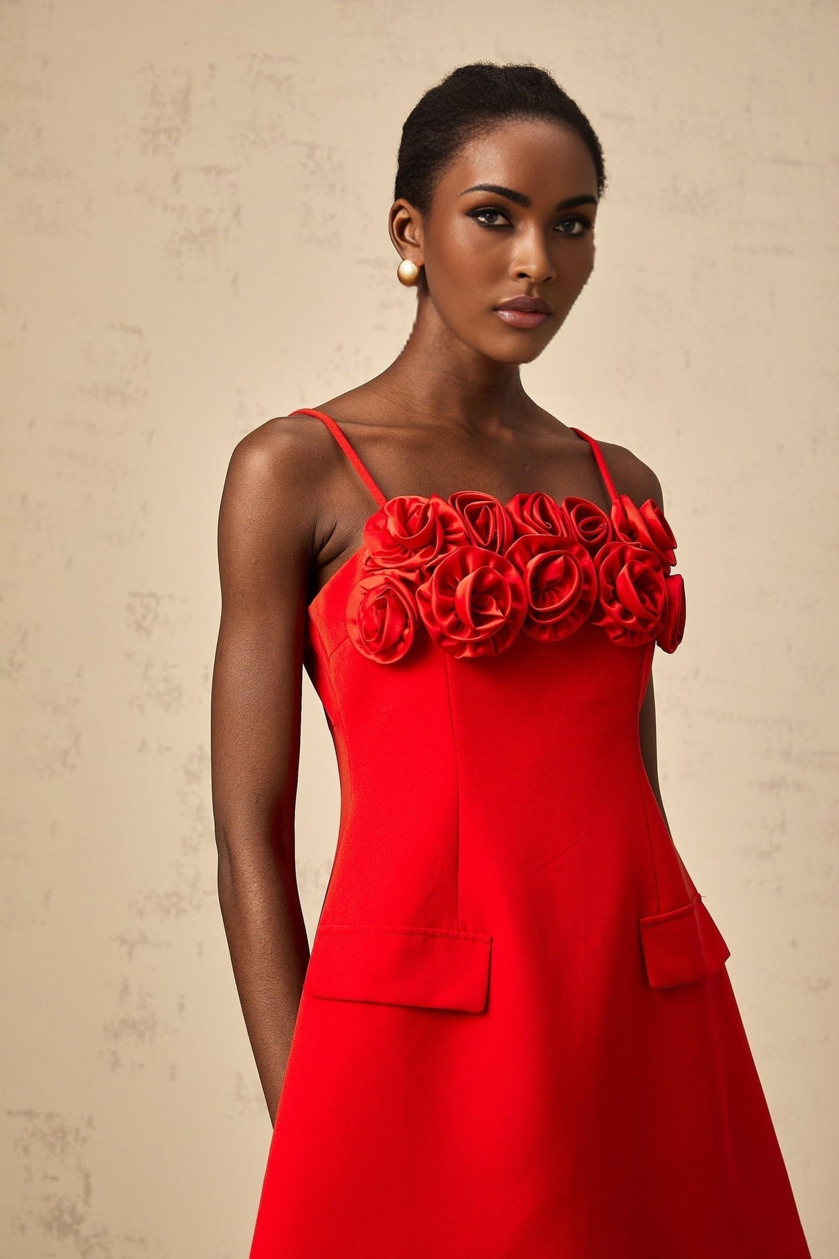 Donatella Mini Dress - Spaghetti Straps - Floral Appliqué - Cinched Waist - Flared Skirt - Rear Zip Fastening