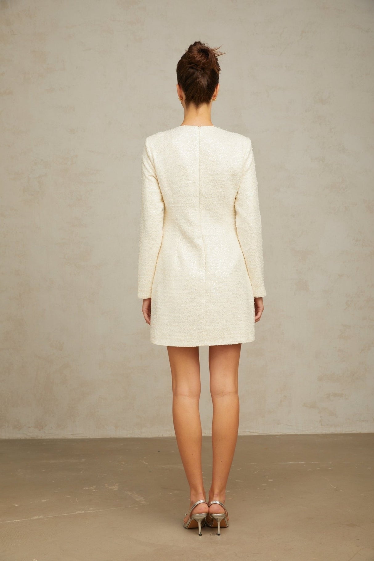 Donatella Mini Dress - Tweed - Sequin Embellishments - Beaded Bowknot Detail - Shoulder Pads