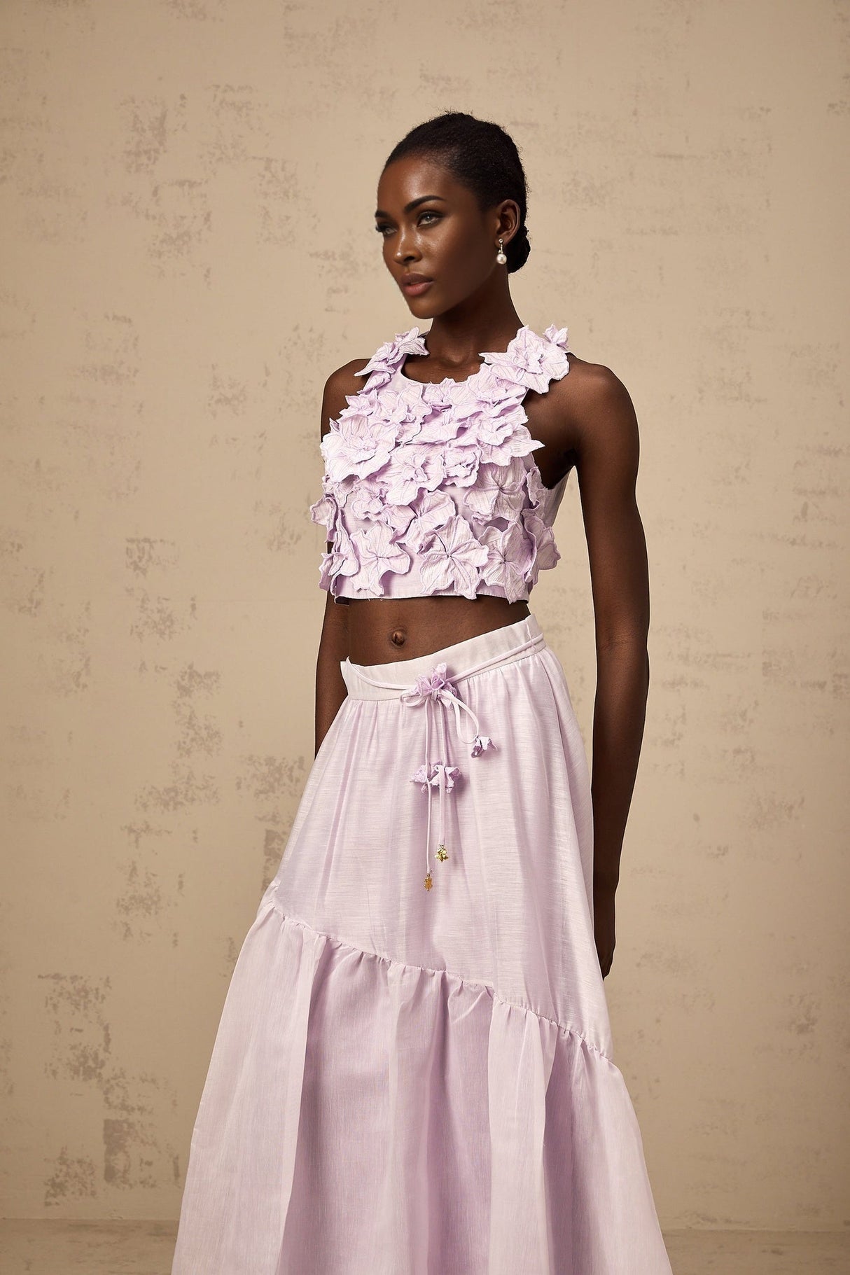 Donatella Skirt & Top Set - Sleeveless Round Neck Crop Top - Pleated Maxi Skirt - Open Back Faux - Flower Embellishment