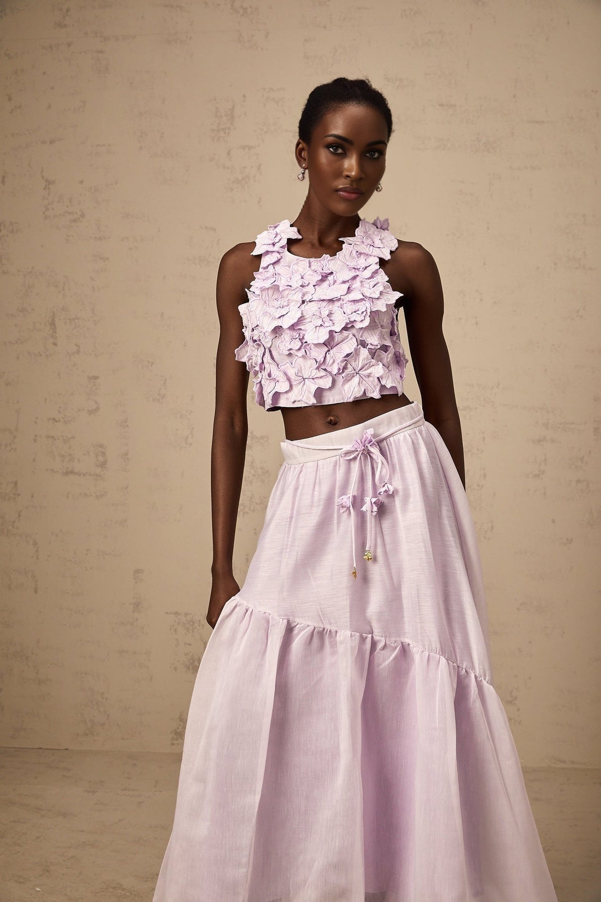 Donatella Skirt & Top Set - Sleeveless Round Neck Crop Top - Pleated Maxi Skirt - Open Back Faux - Flower Embellishment