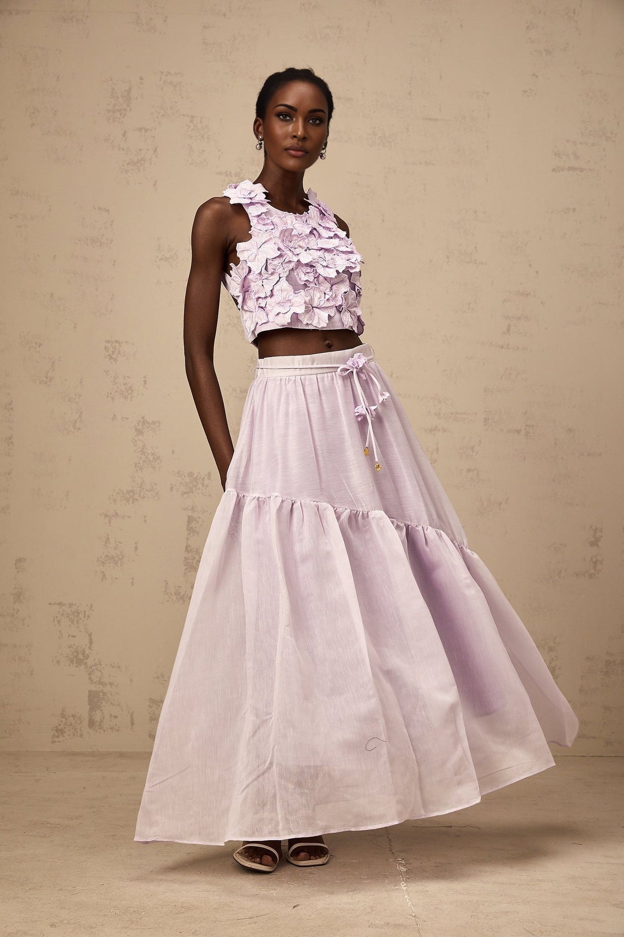 Donatella Skirt & Top Set - Sleeveless Round Neck Crop Top - Pleated Maxi Skirt - Open Back Faux - Flower Embellishment
