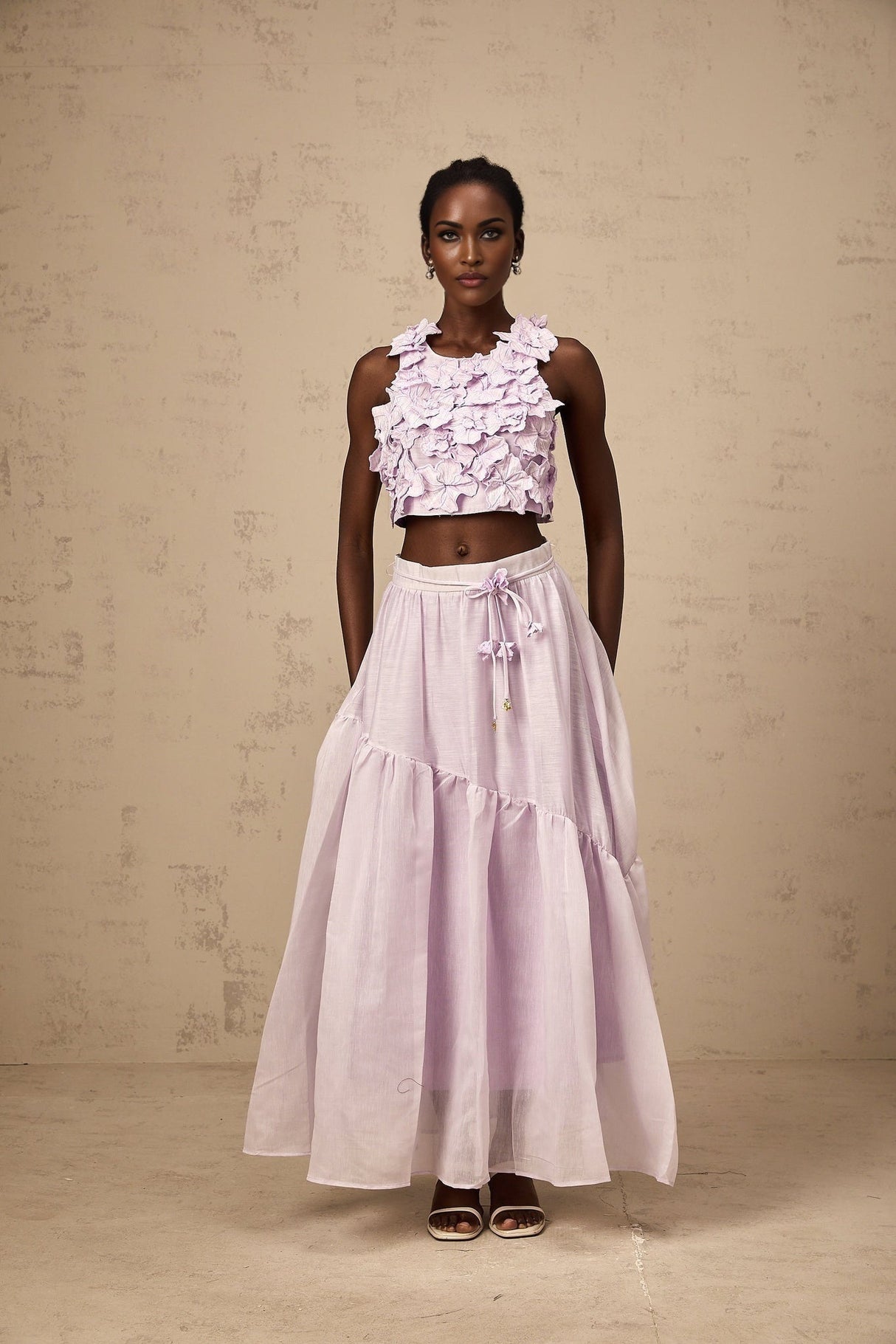 Donatella Skirt & Top Set - Sleeveless Round Neck Crop Top - Pleated Maxi Skirt - Open Back Faux - Flower Embellishment