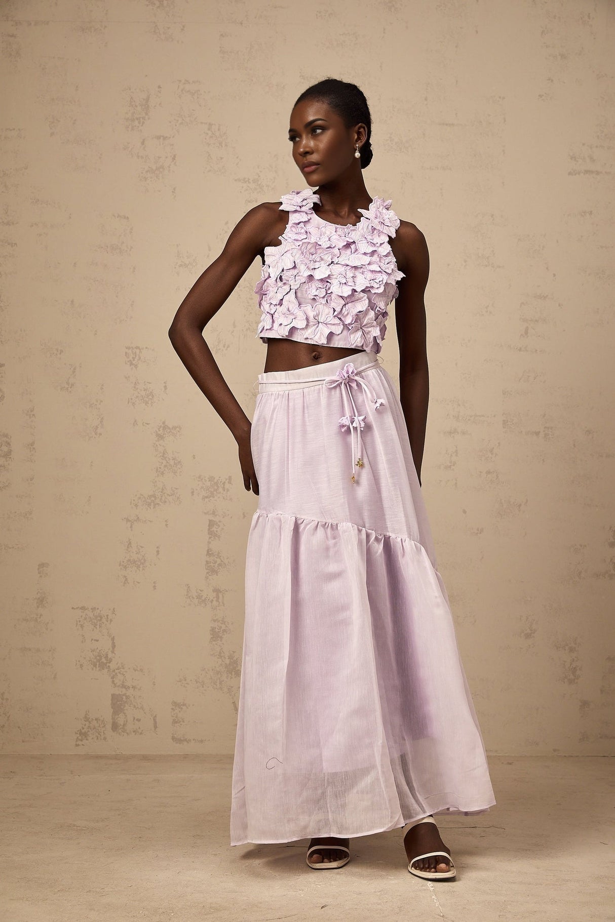 Donatella Skirt & Top Set - Sleeveless Round Neck Crop Top - Pleated Maxi Skirt - Open Back Faux - Flower Embellishment