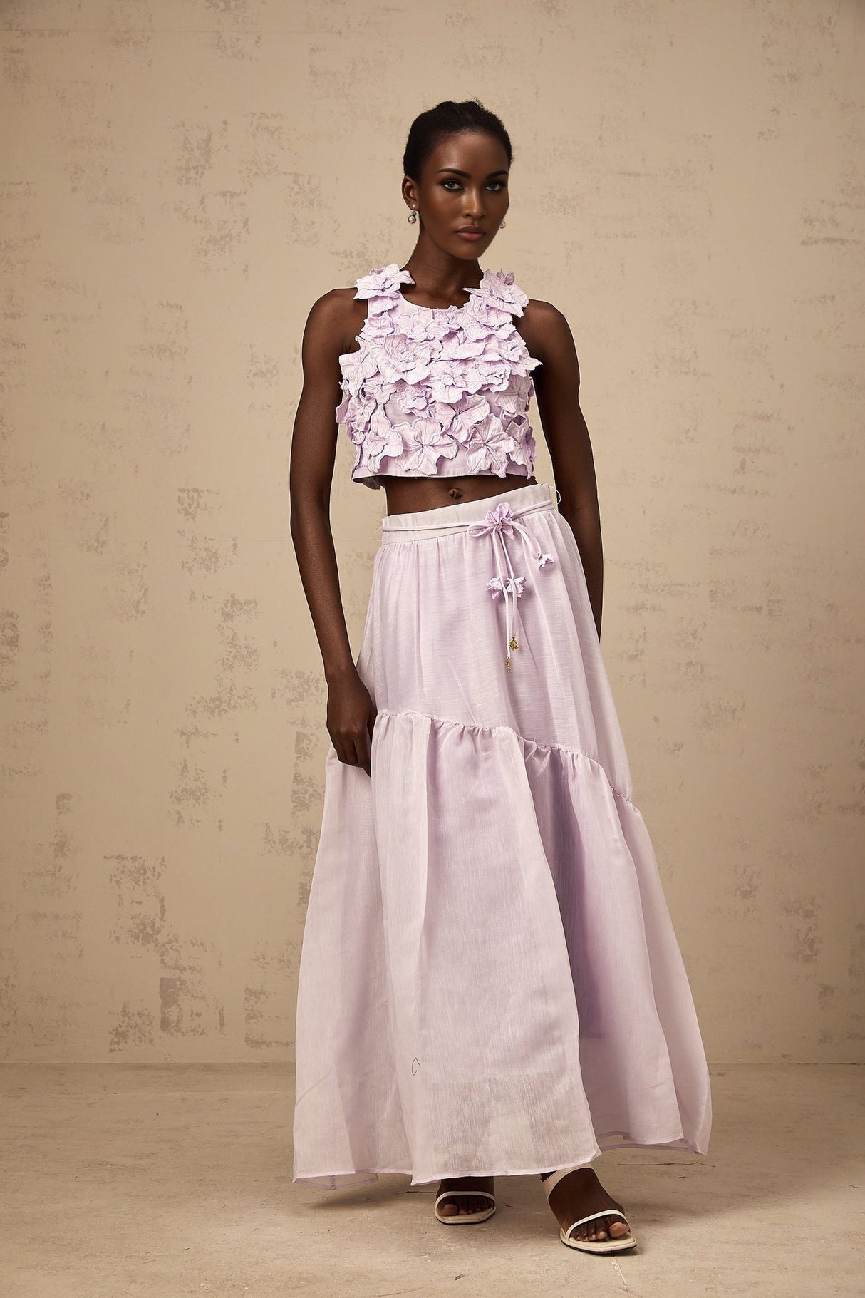 Donatella Skirt & Top Set - Sleeveless Round Neck Crop Top - Pleated Maxi Skirt - Open Back Faux - Flower Embellishment