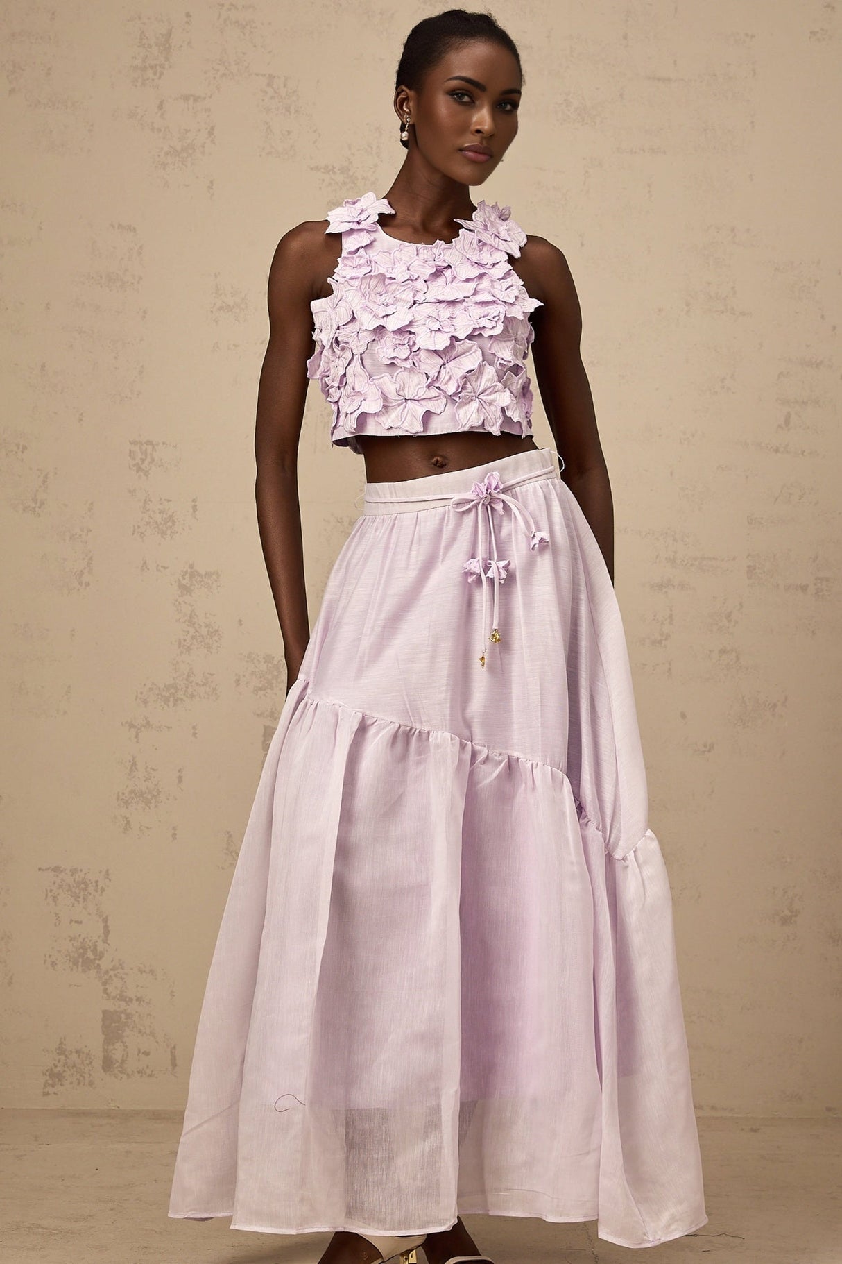 Donatella Skirt & Top Set - Sleeveless Round Neck Crop Top - Pleated Maxi Skirt - Open Back Faux - Flower Embellishment