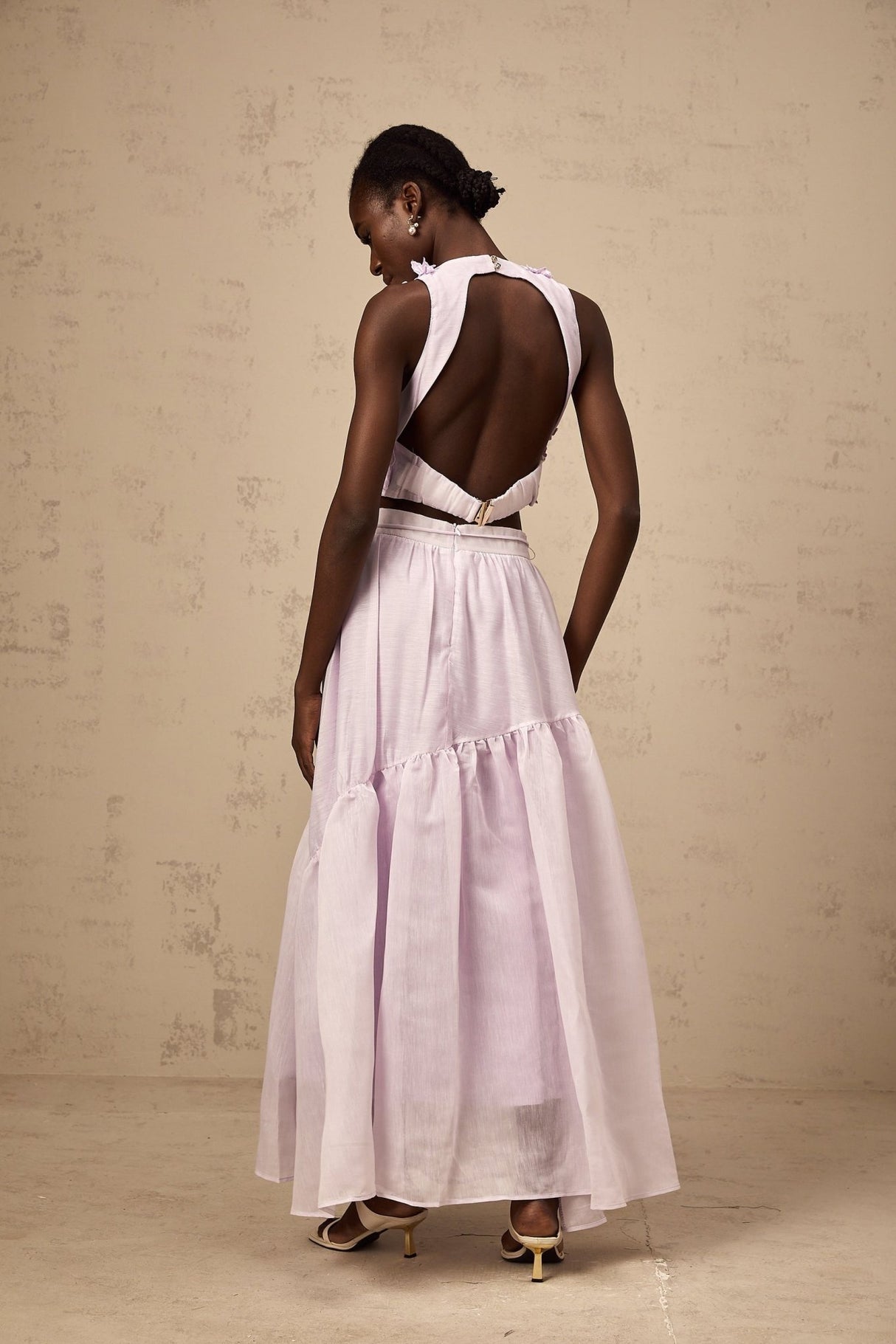 Donatella Skirt & Top Set - Sleeveless Round Neck Crop Top - Pleated Maxi Skirt - Open Back Faux - Flower Embellishment