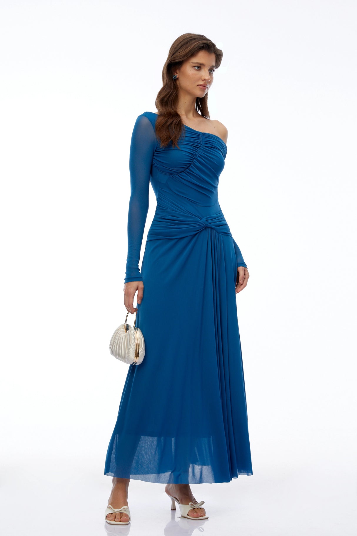 Donatella Teal Blue Off Shoulder Long Sleeves Maxi Dress