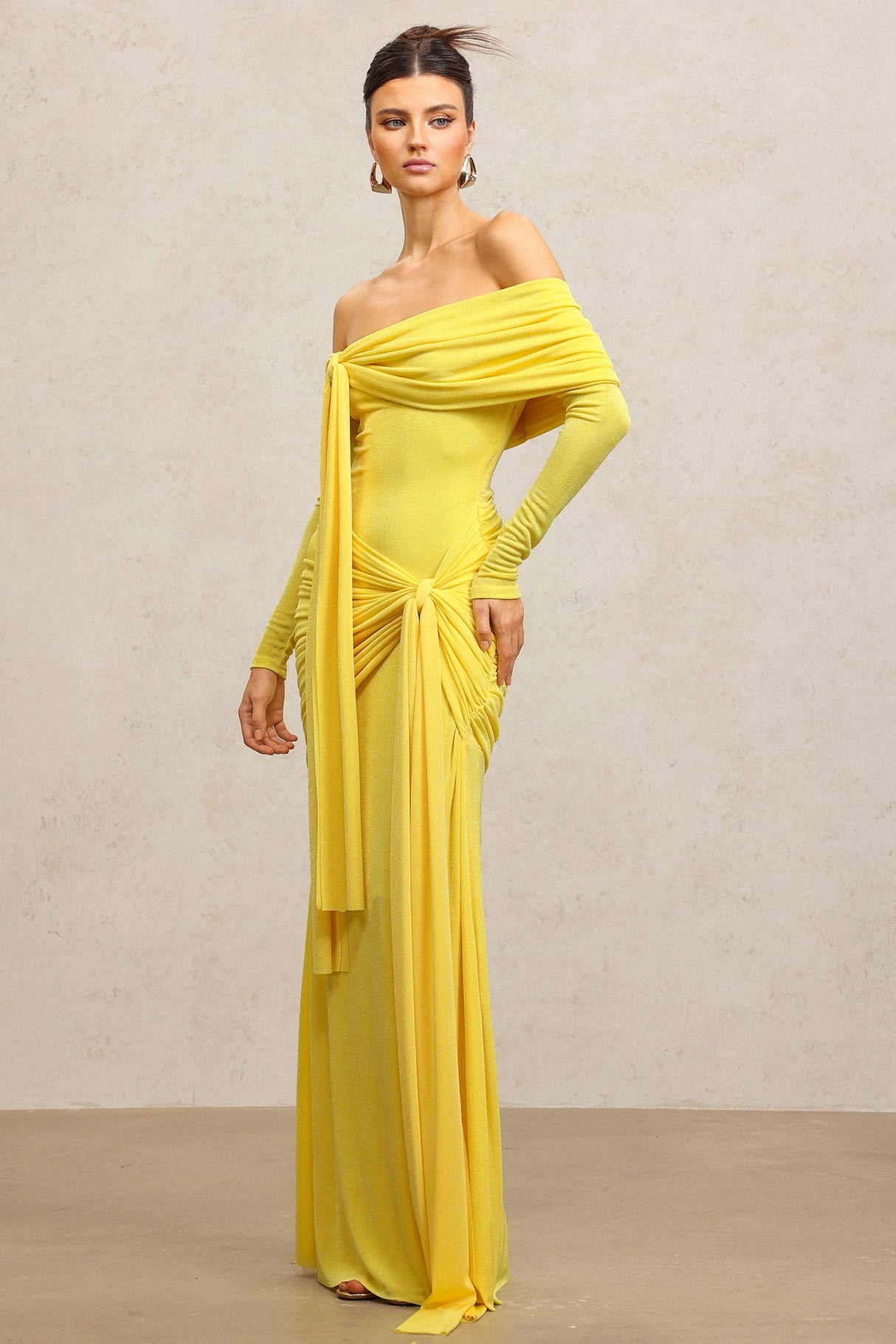 Donatella Yellow Off-Shoulder Dress with Streamer Folds and Long Sleeves