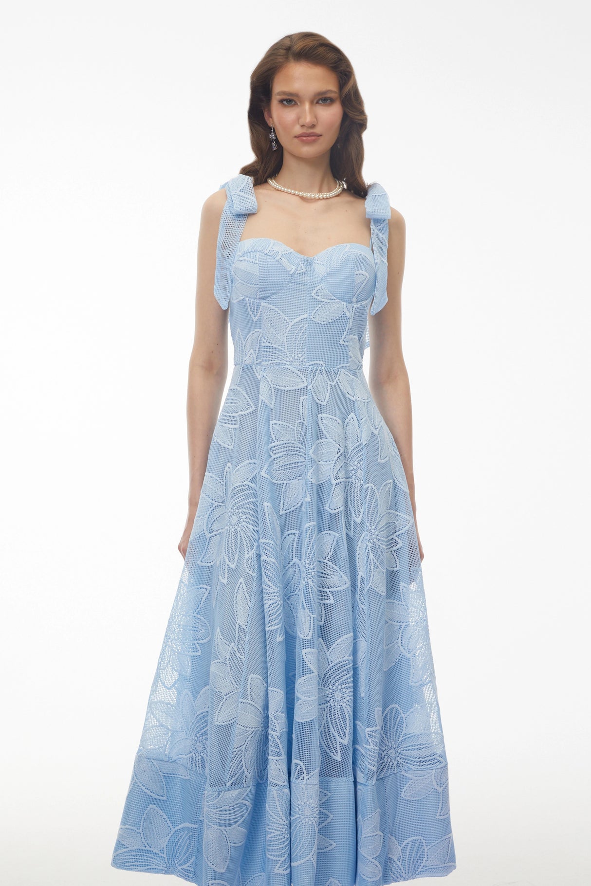 Doris Blue Sweetheart Floral Embroidered Maxi Dress