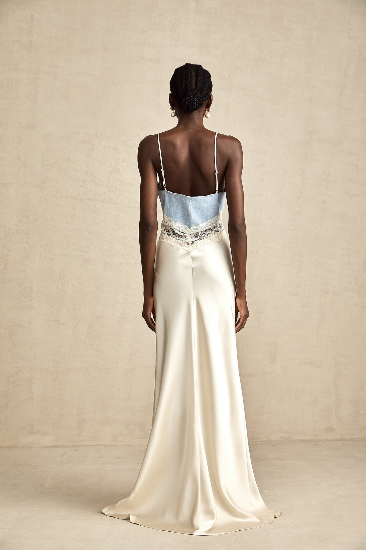 Dorotea Denim Maxi Dress - Lace Trim - Paneled Design - Sleeveless Style - Adjustable Straps