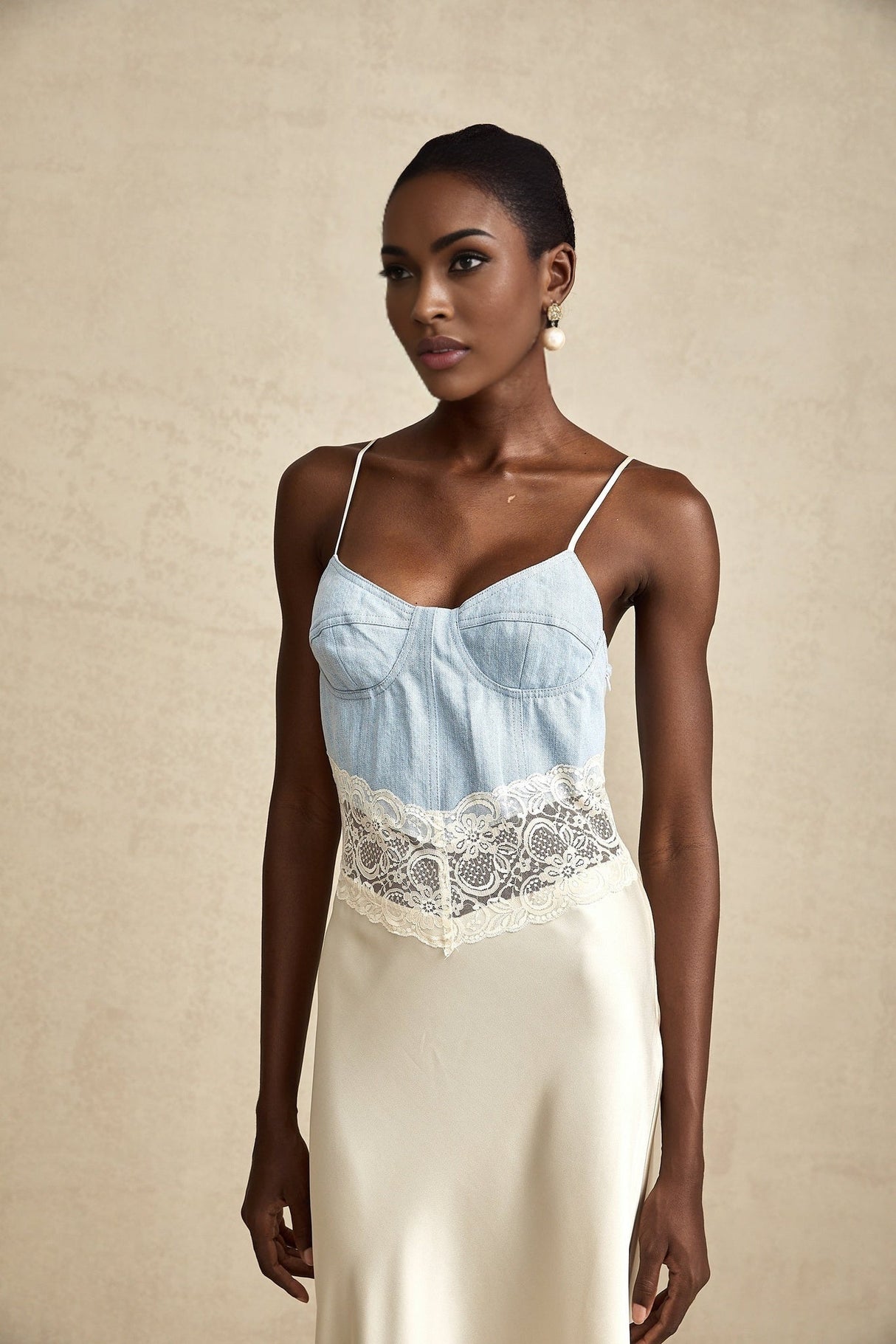 Dorotea Denim Maxi Dress - Lace Trim - Paneled Design - Sleeveless Style - Adjustable Straps