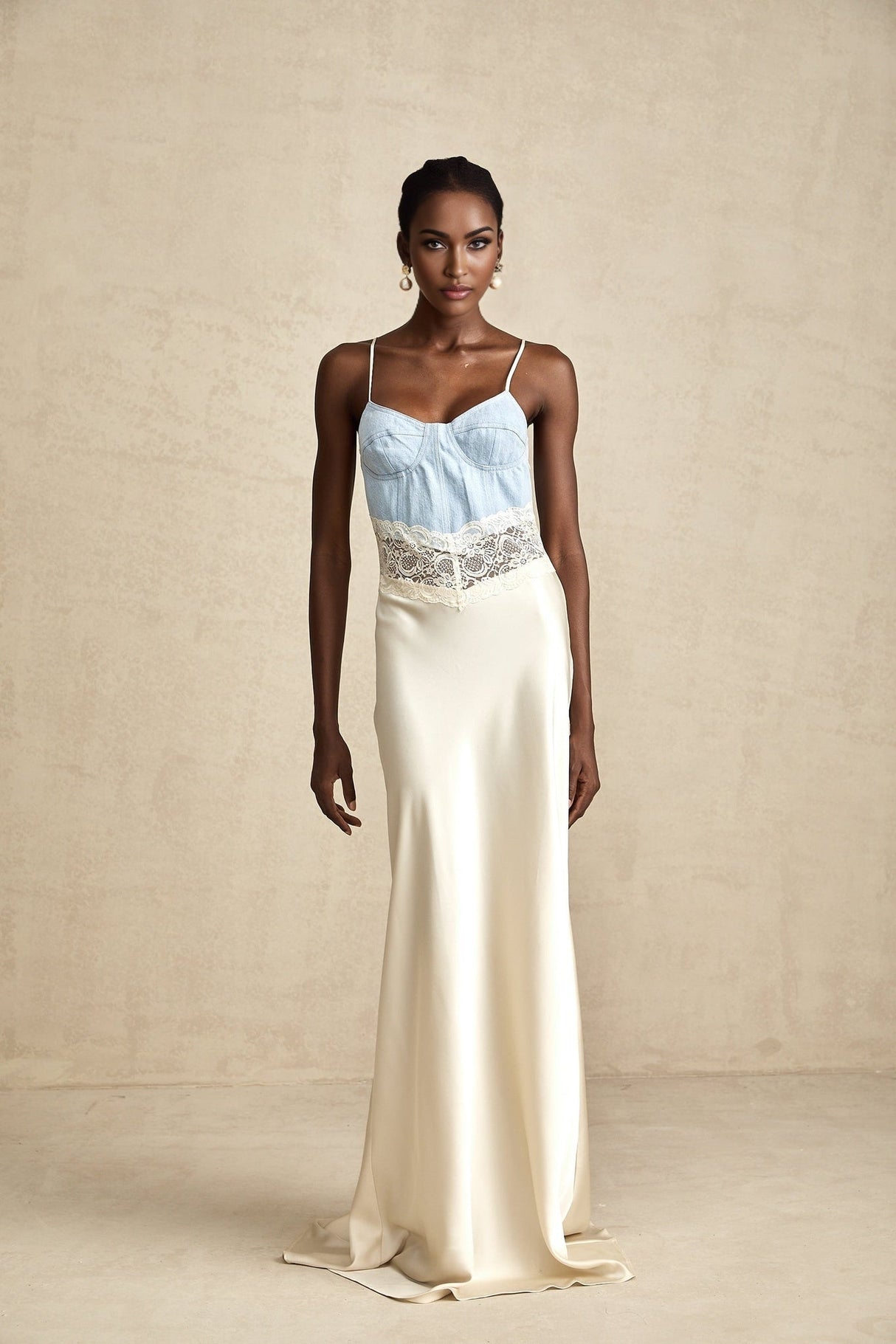 Dorotea Denim Maxi Dress - Lace Trim - Paneled Design - Sleeveless Style - Adjustable Straps