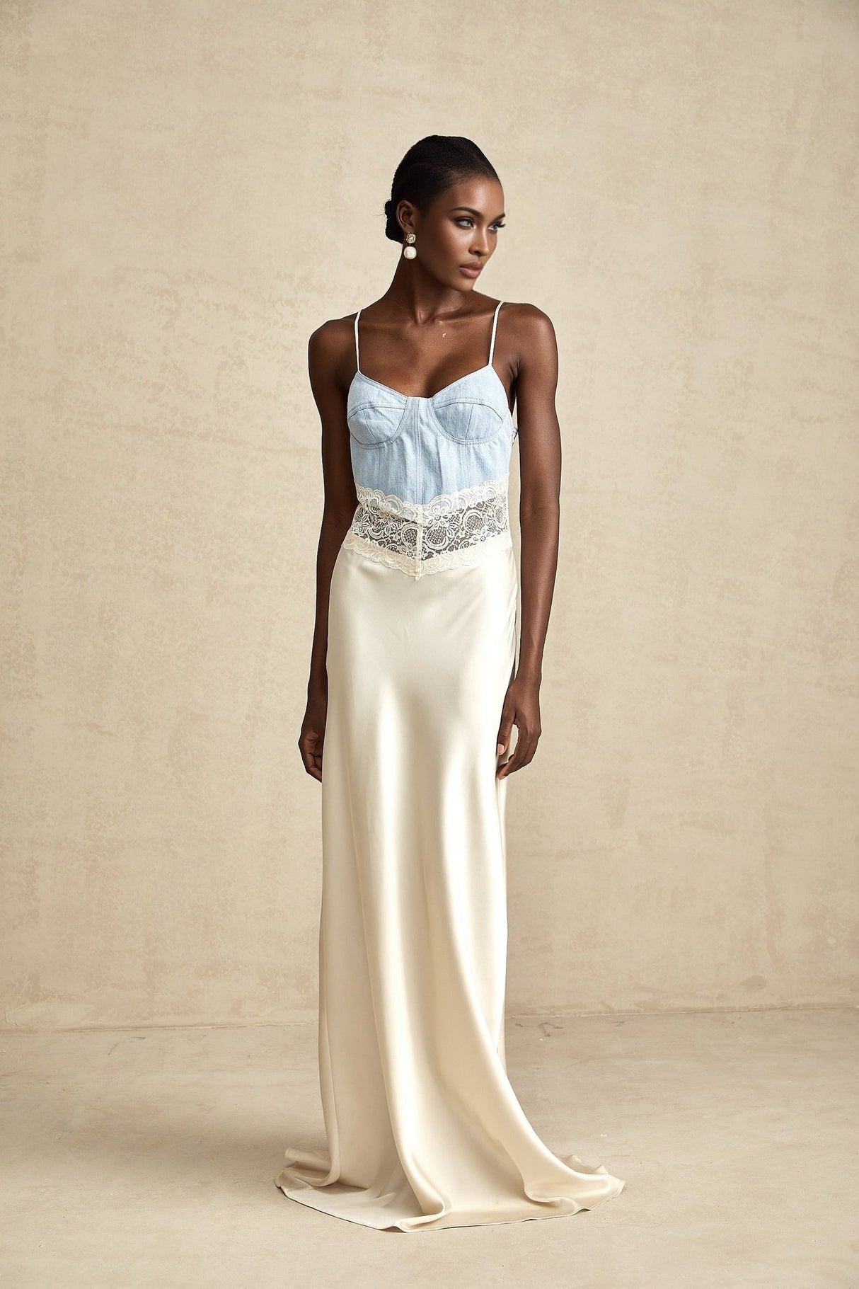 Dorotea Denim Maxi Dress - Lace Trim - Paneled Design - Sleeveless Style - Adjustable Straps