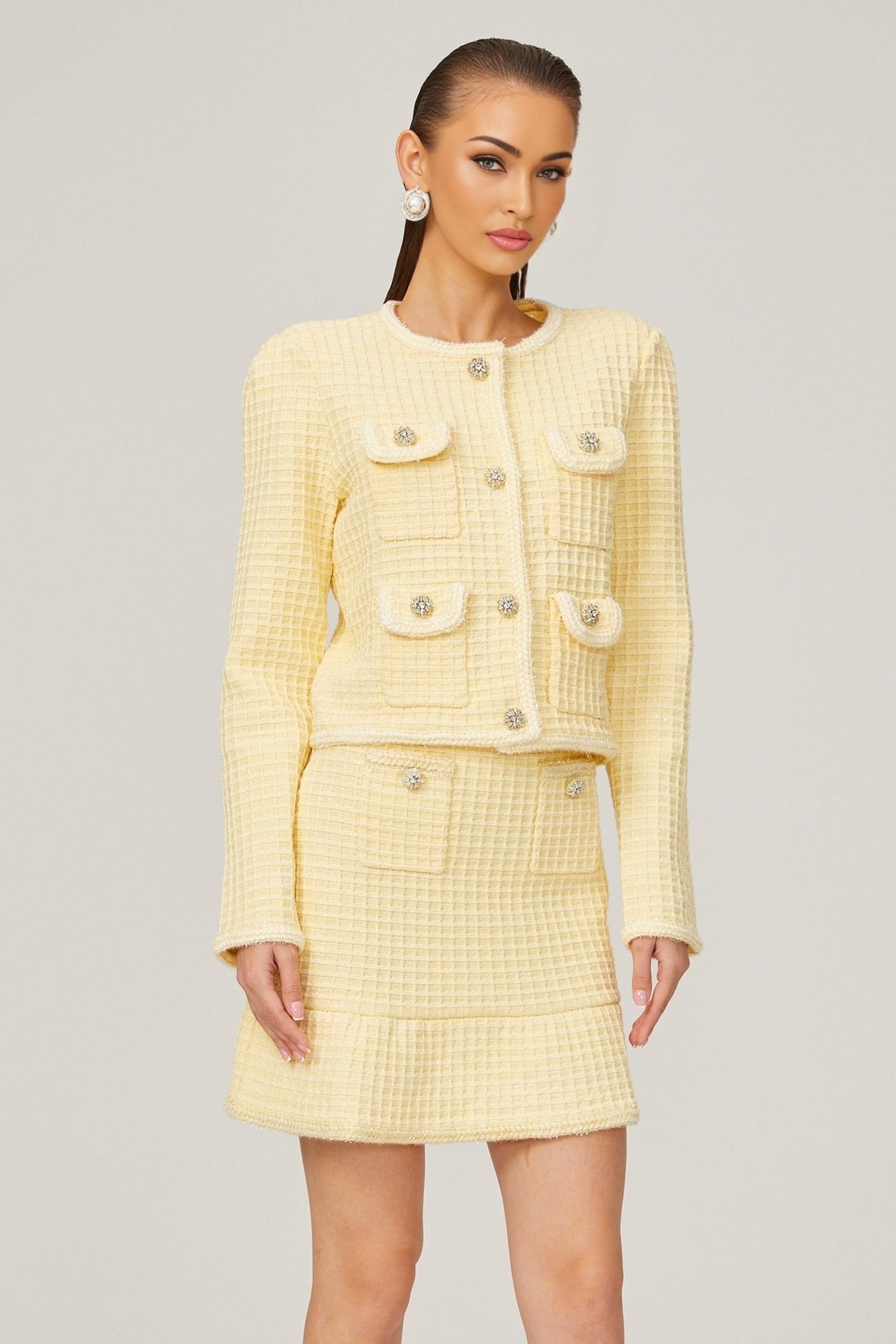 Dorotea Jacket & Skirt Set - Sequin Embellished - Waffle Knit - Braided Edge - Faux Buttons - Front Pockets
