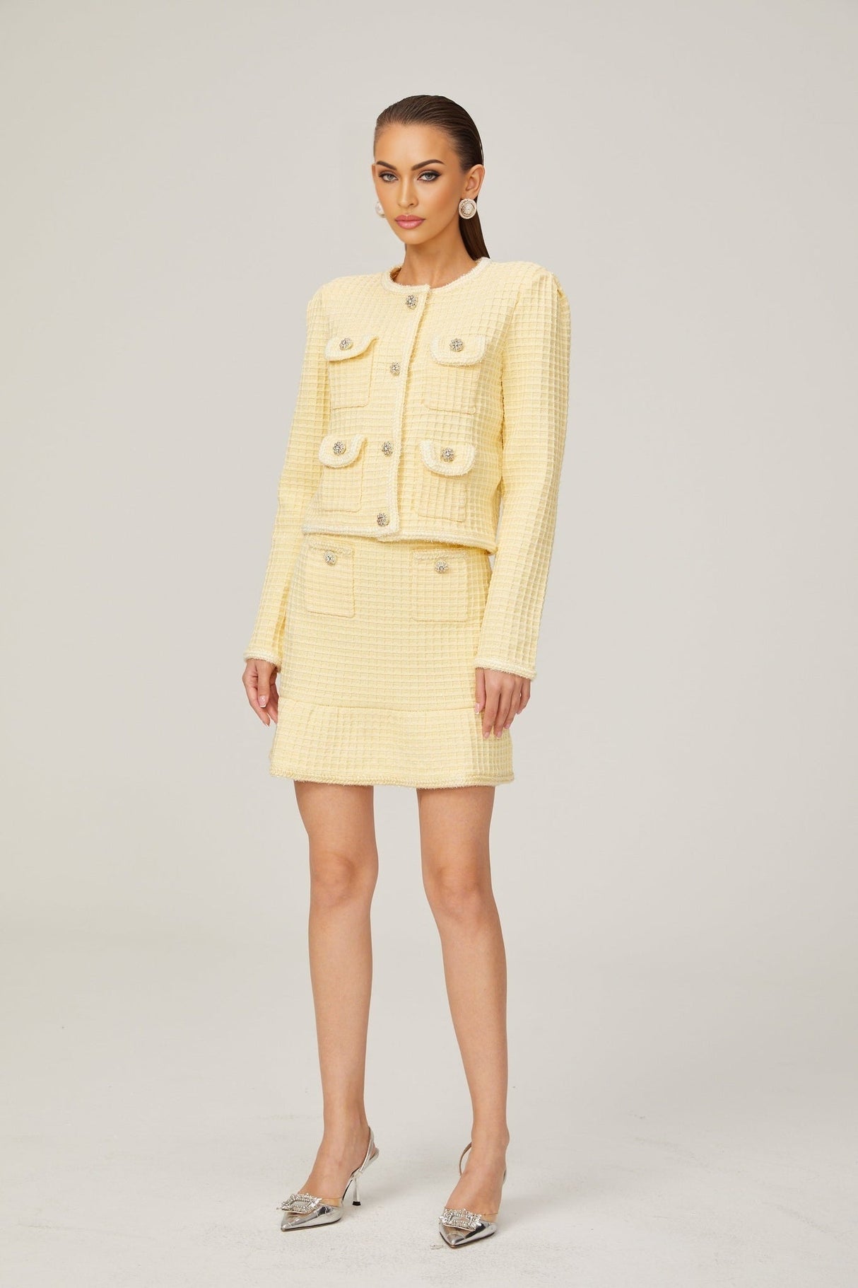 Dorotea Jacket & Skirt Set - Sequin Embellished - Waffle Knit - Braided Edge - Faux Buttons - Front Pockets