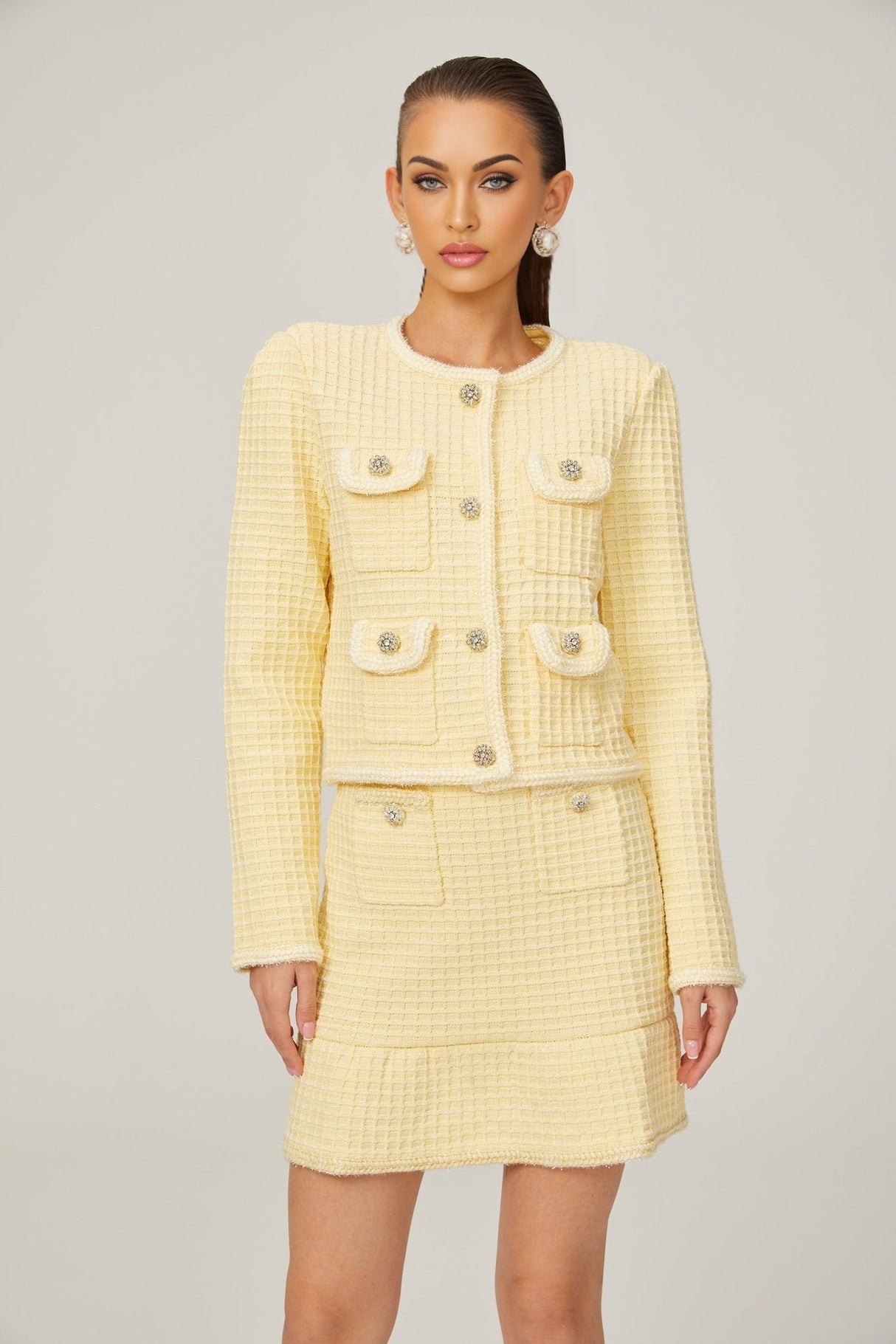 Dorotea Jacket & Skirt Set - Sequin Embellished - Waffle Knit - Braided Edge - Faux Buttons - Front Pockets