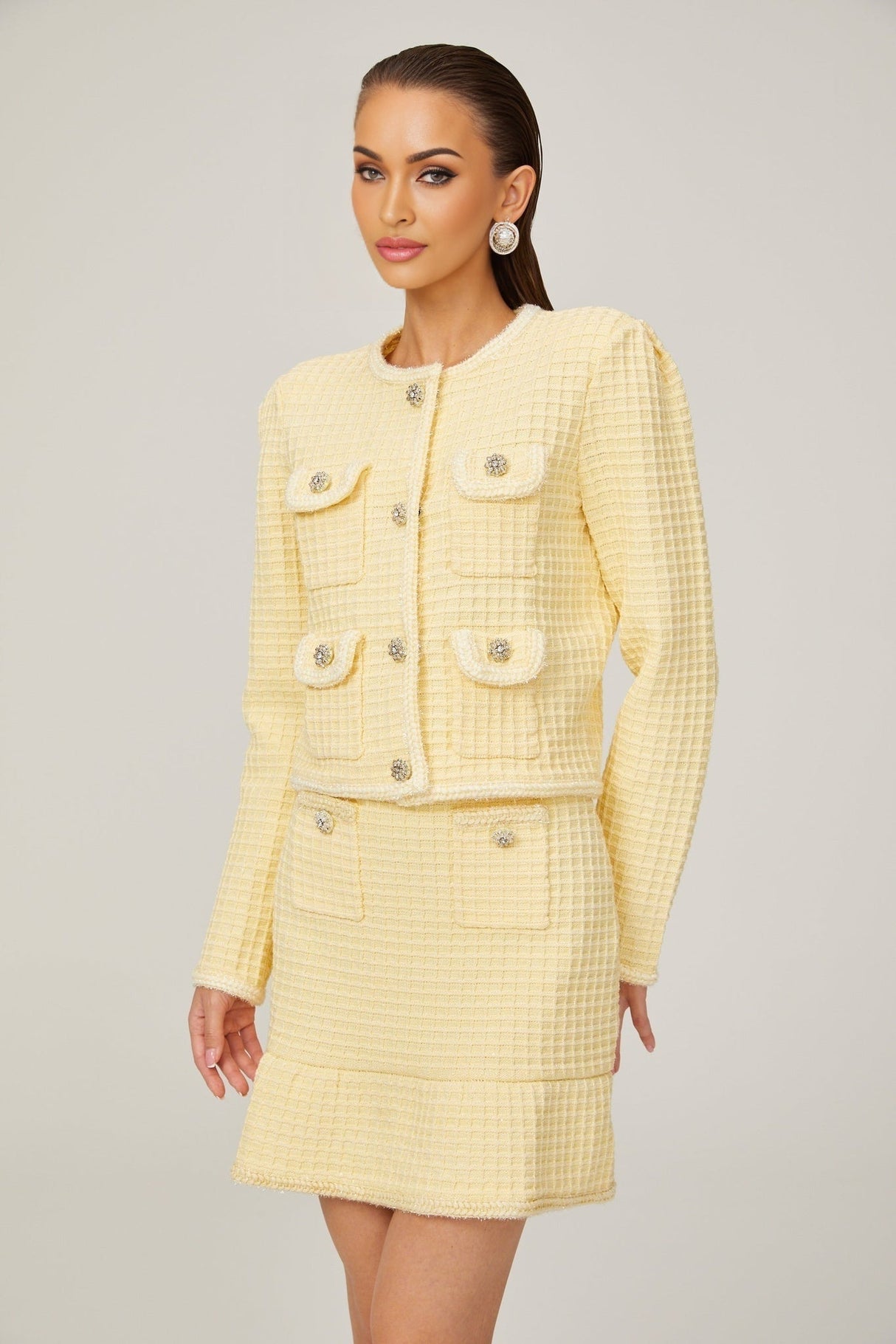 Dorotea Jacket & Skirt Set - Sequin Embellished - Waffle Knit - Braided Edge - Faux Buttons - Front Pockets