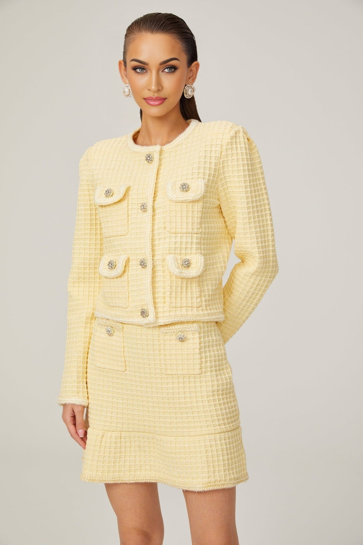 Dorotea Jacket & Skirt Set - Sequin Embellished - Waffle Knit - Braided Edge - Faux Buttons - Front Pockets