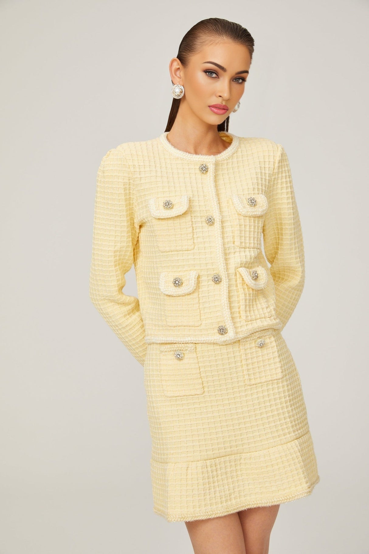 Dorotea Jacket & Skirt Set - Sequin Embellished - Waffle Knit - Braided Edge - Faux Buttons - Front Pockets