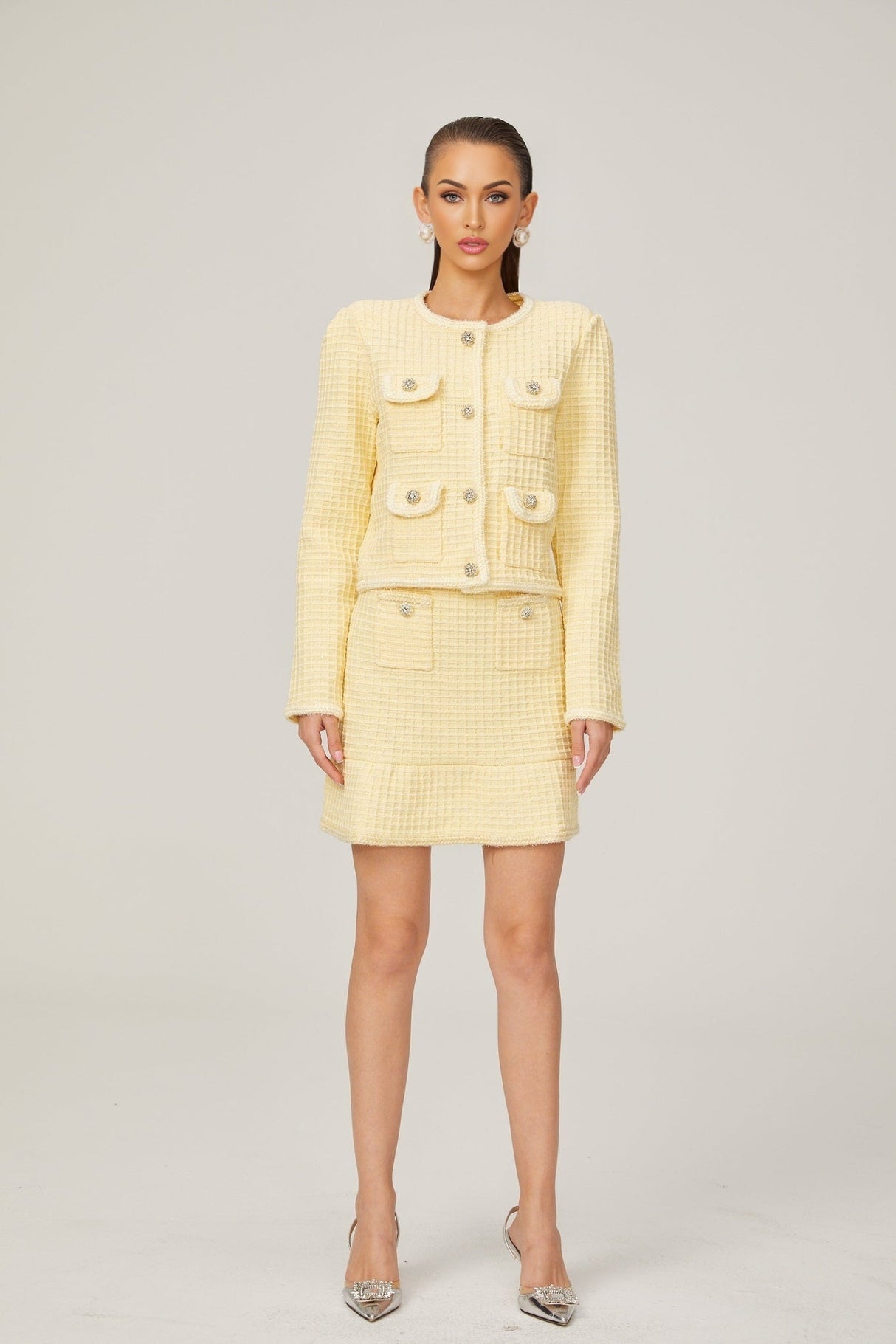 Dorotea Jacket & Skirt Set - Sequin Embellished - Waffle Knit - Braided Edge - Faux Buttons - Front Pockets