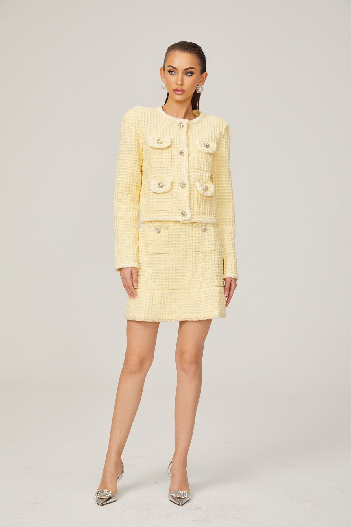 Dorotea Jacket & Skirt Set - Sequin Embellished - Waffle Knit - Braided Edge - Faux Buttons - Front Pockets