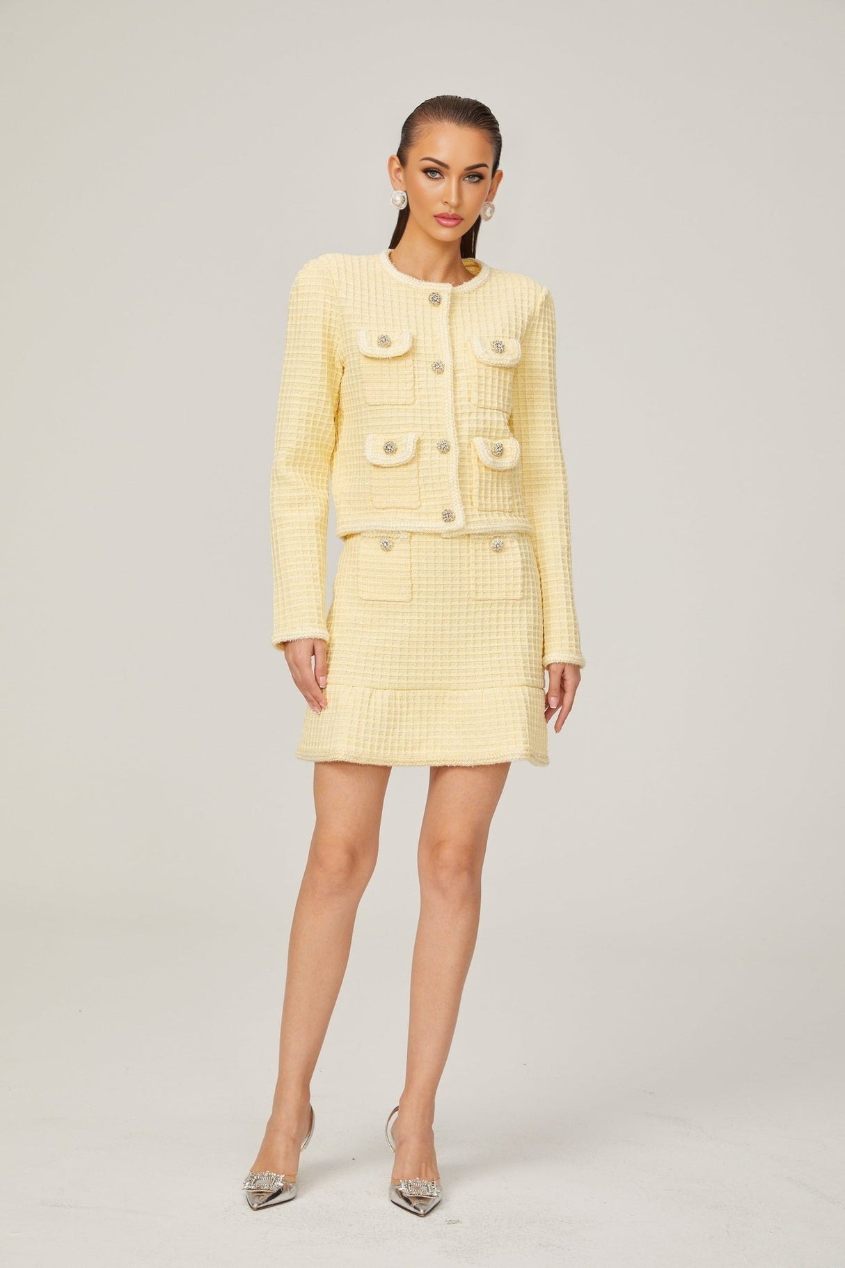 Dorotea Jacket & Skirt Set - Sequin Embellished - Waffle Knit - Braided Edge - Faux Buttons - Front Pockets