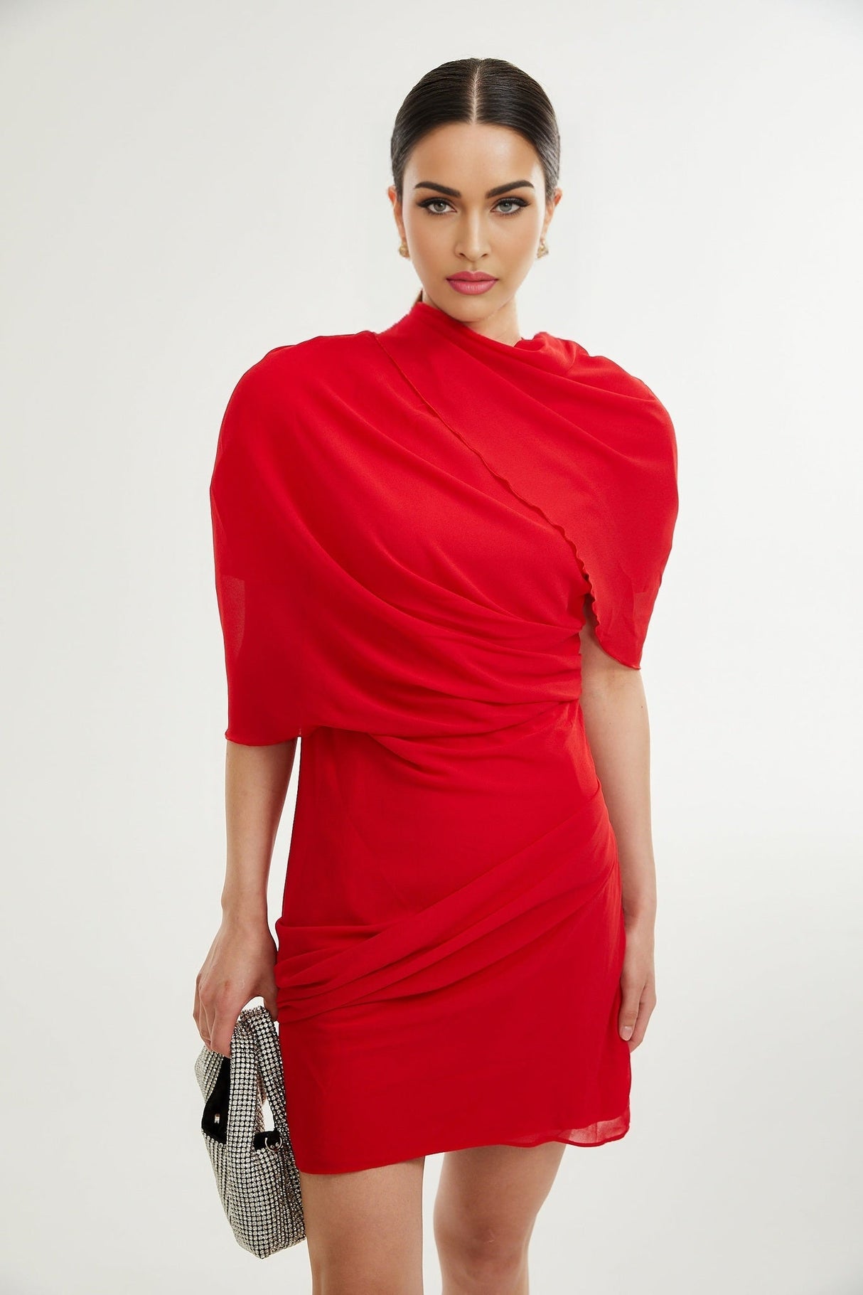 Dorotea Mini Dress - Open Back Design - Shoulder Pads - Asymmetric Style - High Neckline
