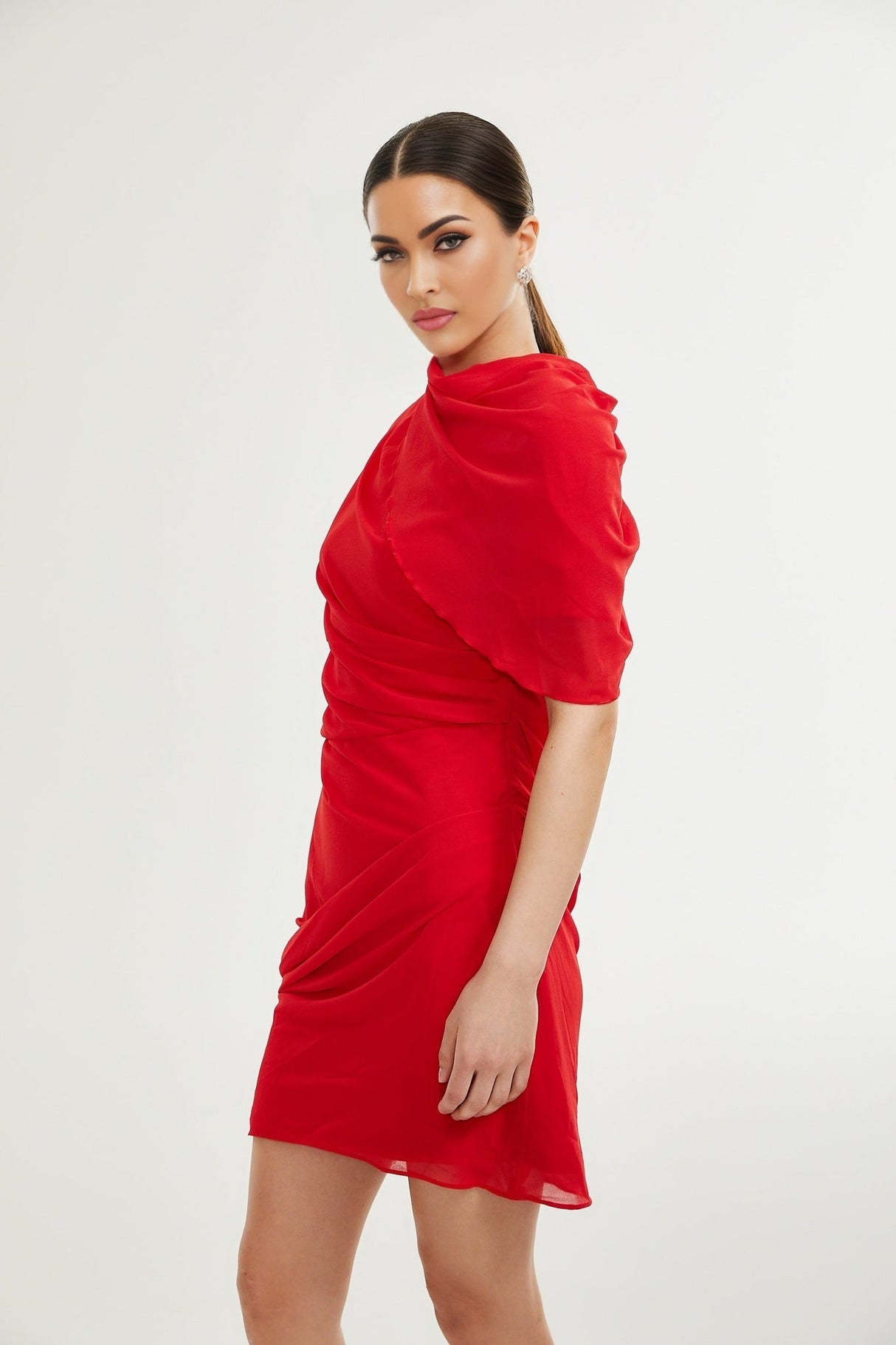 Dorotea Mini Dress - Open Back Design - Shoulder Pads - Asymmetric Style - High Neckline