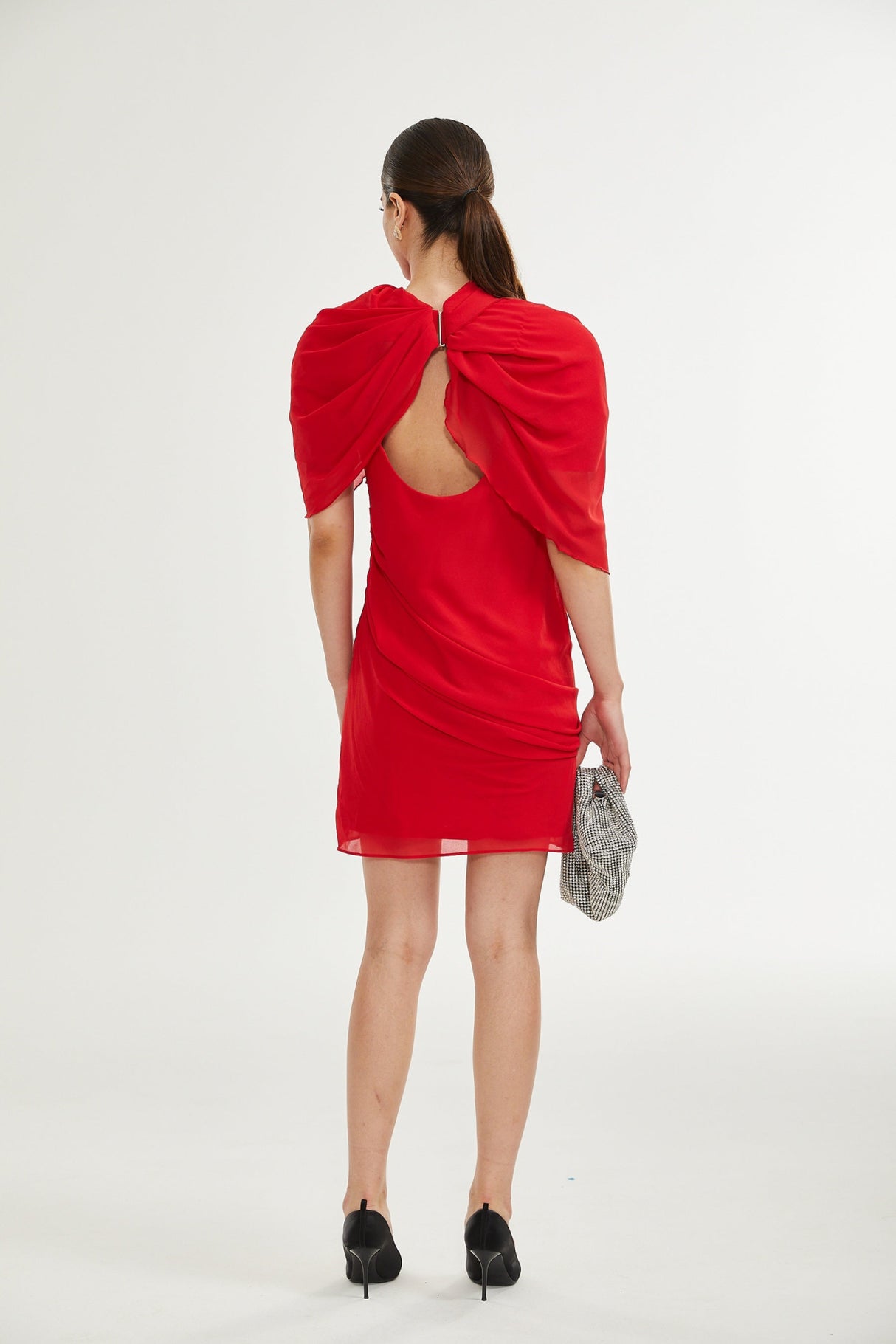 Dorotea Mini Dress - Open Back Design - Shoulder Pads - Asymmetric Style - High Neckline