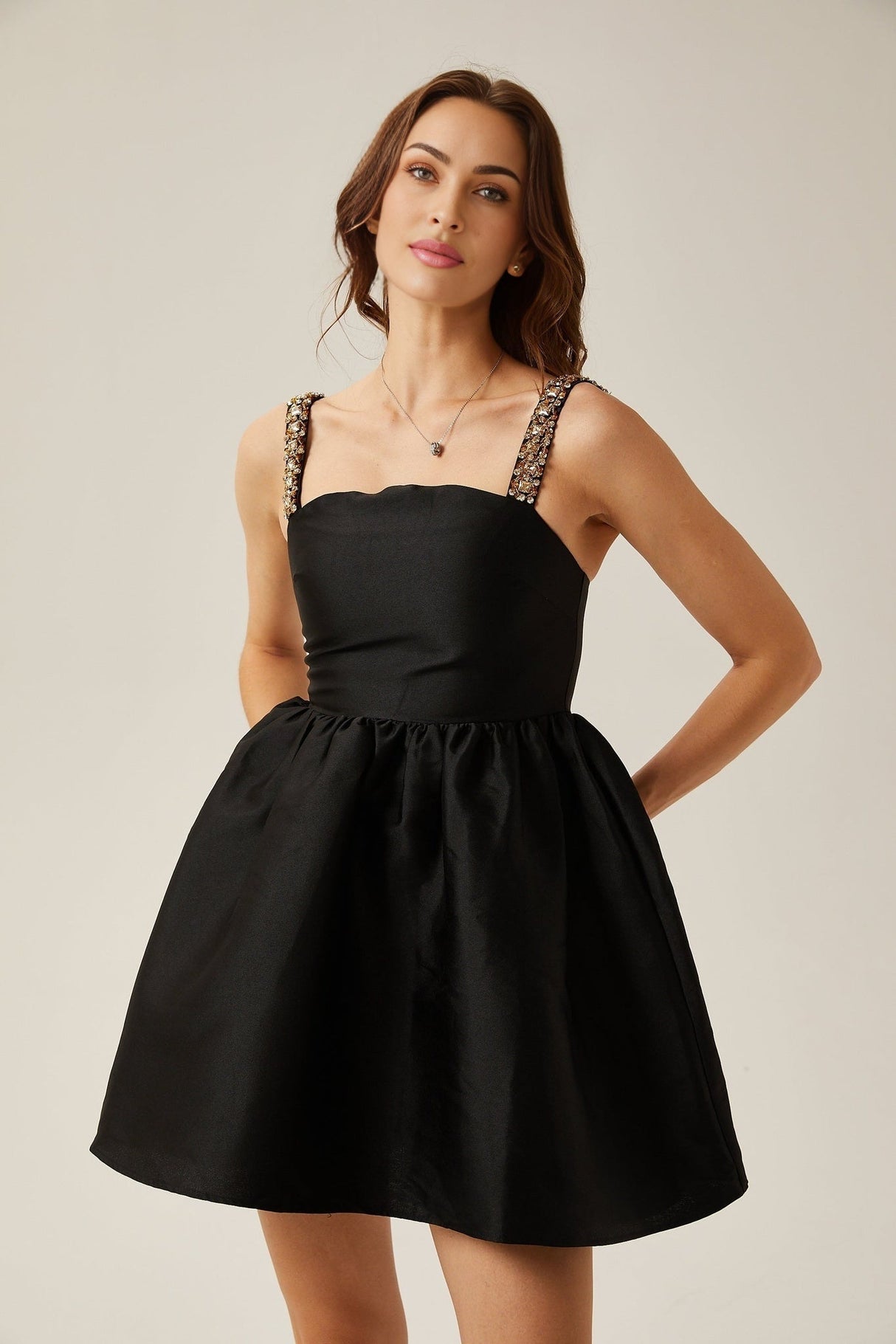 Dorotea Mini Dress - Square Neck - Sleeveless - Crystal Embellished Straps - Pleated Detailing