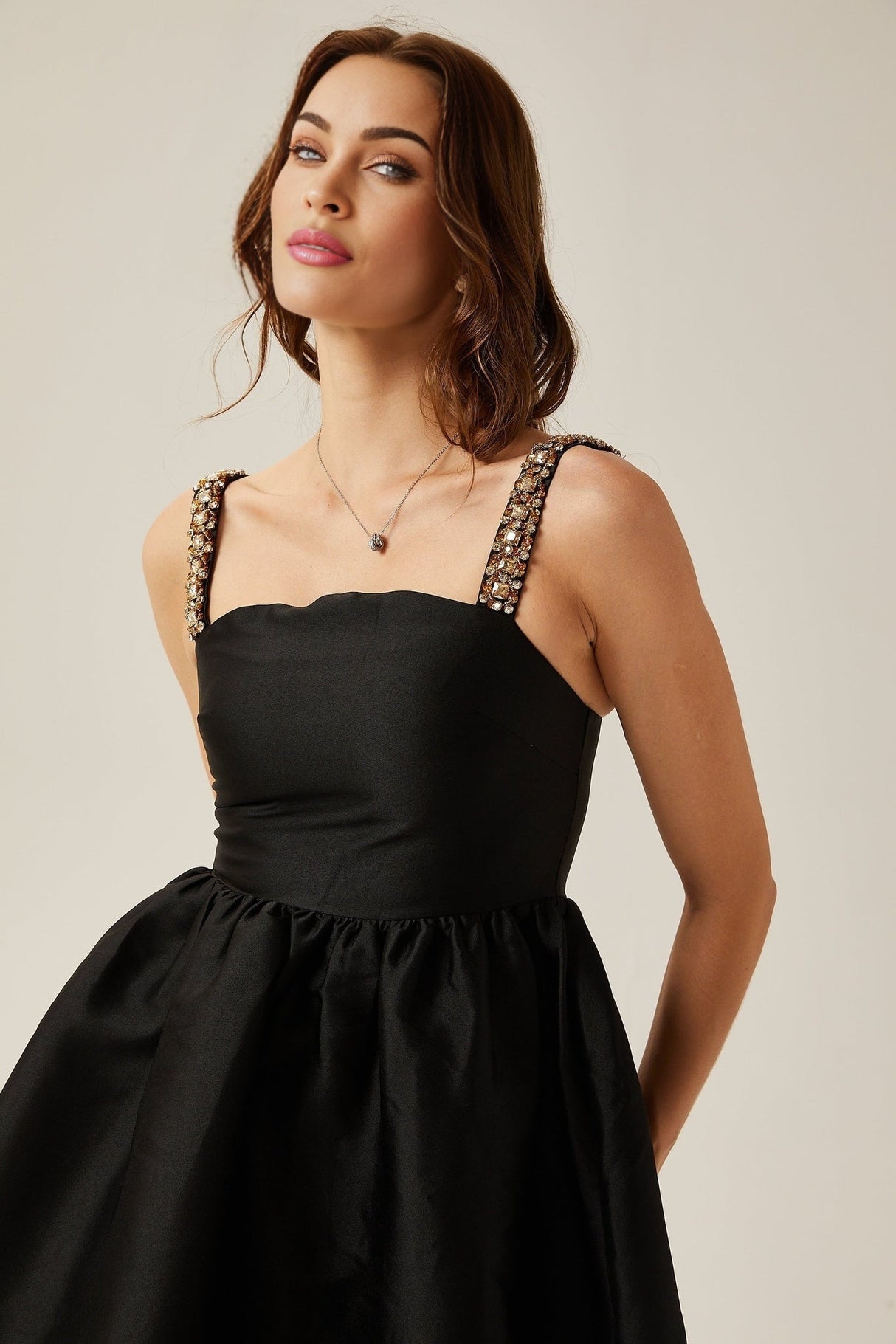 Dorotea Mini Dress - Square Neck - Sleeveless - Crystal Embellished Straps - Pleated Detailing