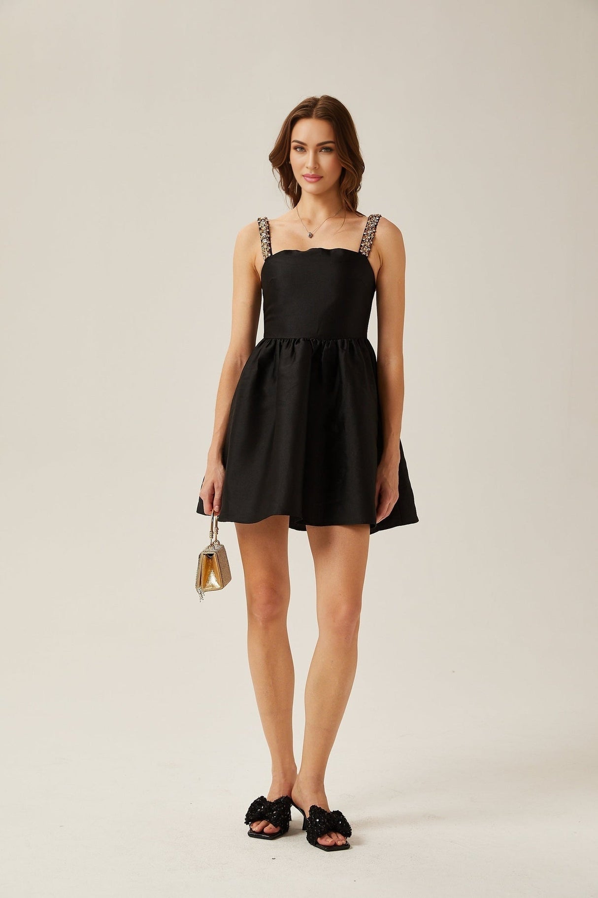 Dorotea Mini Dress - Square Neck - Sleeveless - Crystal Embellished Straps - Pleated Detailing