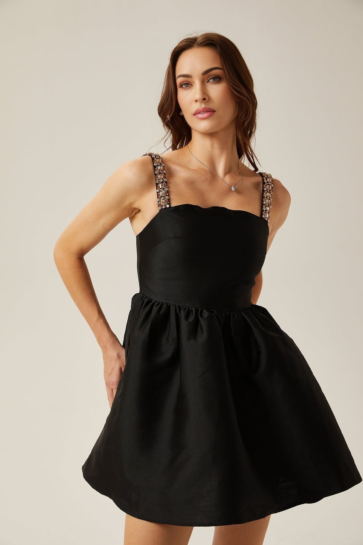 Dorotea Mini Dress - Square Neck - Sleeveless - Crystal Embellished Straps - Pleated Detailing