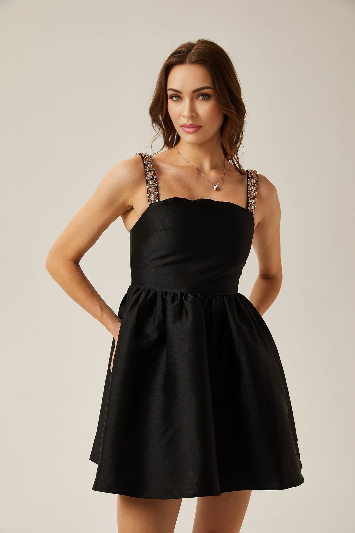 Dorotea Mini Dress - Square Neck - Sleeveless - Crystal Embellished Straps - Pleated Detailing