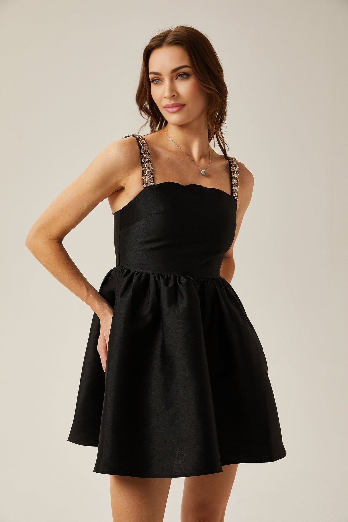 Dorotea Mini Dress - Square Neck - Sleeveless - Crystal Embellished Straps - Pleated Detailing