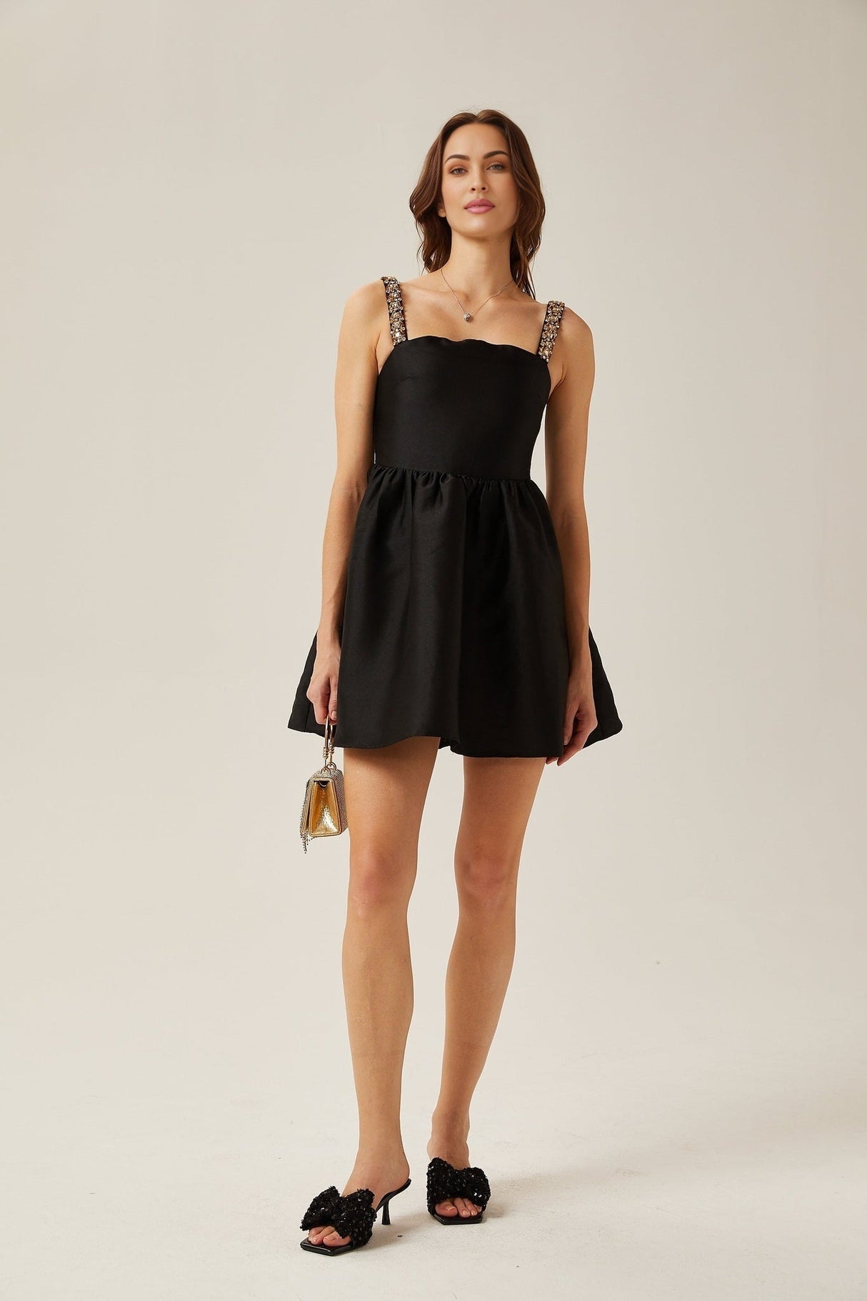 Dorotea Mini Dress - Square Neck - Sleeveless - Crystal Embellished Straps - Pleated Detailing