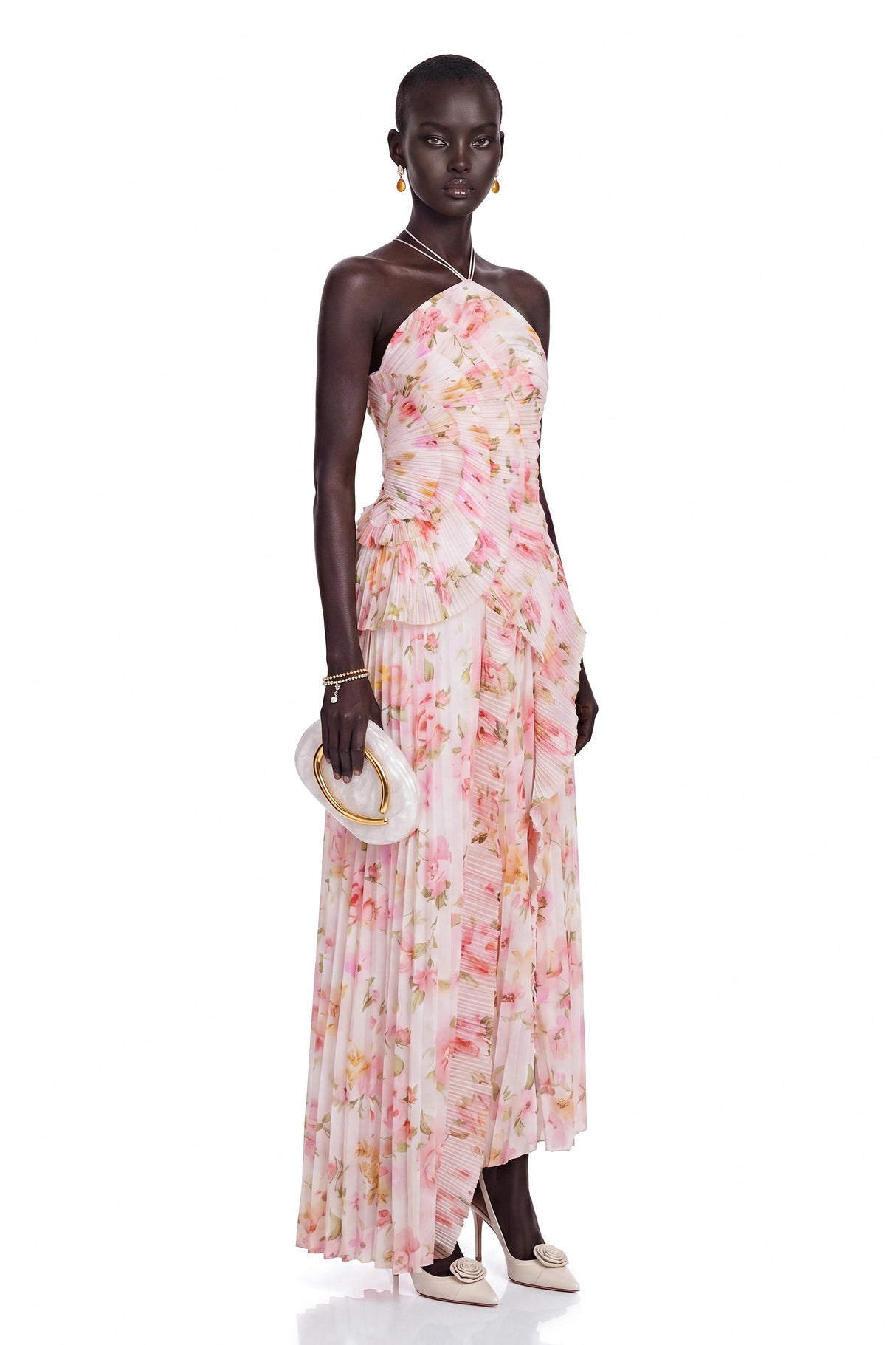 Doux Pink Floral Ruffled Trim Pleated Midi Dress