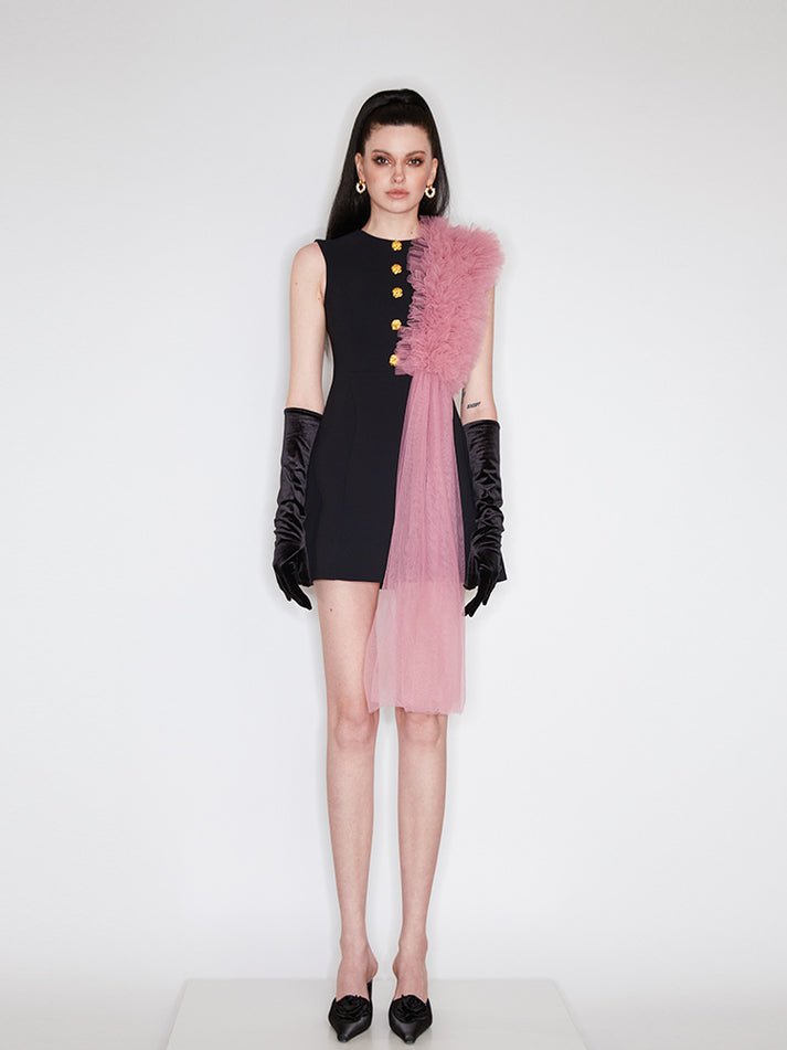 Dress - A - Line Silhouette - Gold Button Details - Pink Tulle Embellishment - Sleeveless Elegance