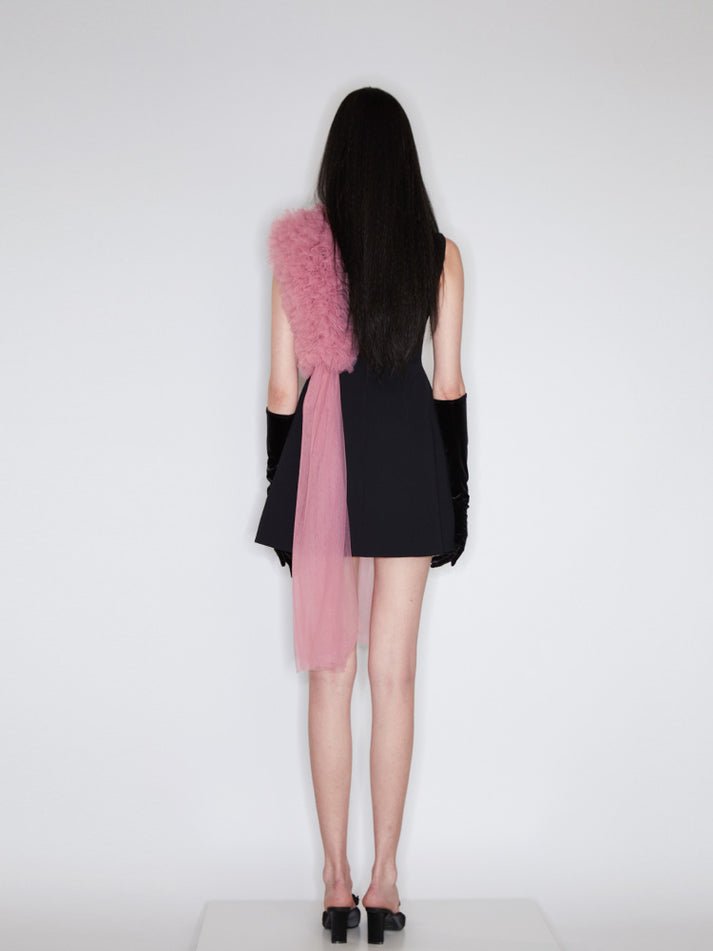 Dress - A - Line Silhouette - Gold Button Details - Pink Tulle Embellishment - Sleeveless Elegance