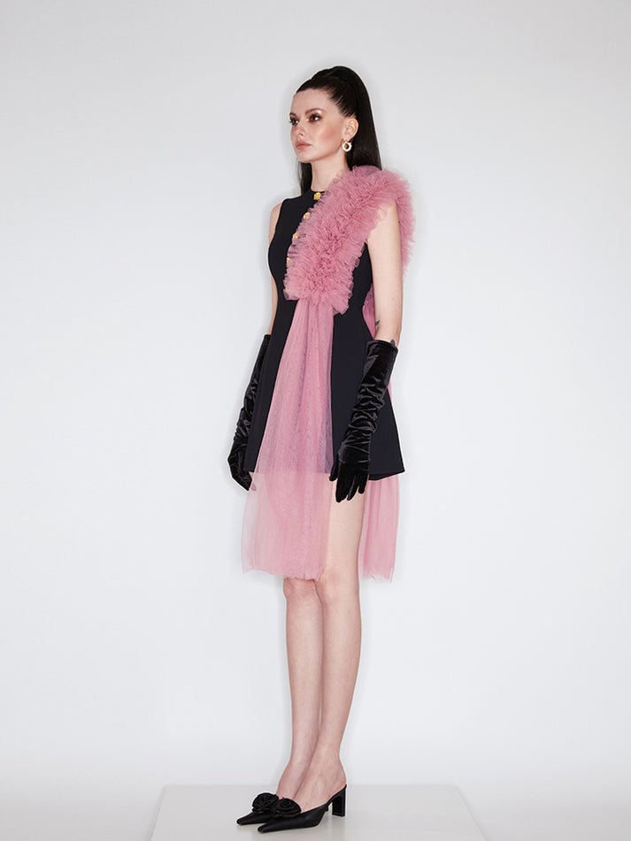 Dress - A - Line Silhouette - Gold Button Details - Pink Tulle Embellishment - Sleeveless Elegance