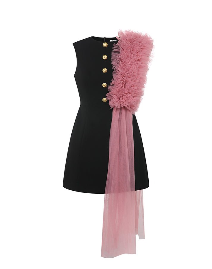 Dress - A - Line Silhouette - Gold Button Details - Pink Tulle Embellishment - Sleeveless Elegance