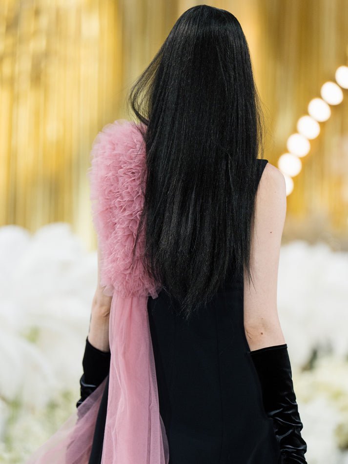 Dress - A - Line Silhouette - Gold Button Details - Pink Tulle Embellishment - Sleeveless Elegance