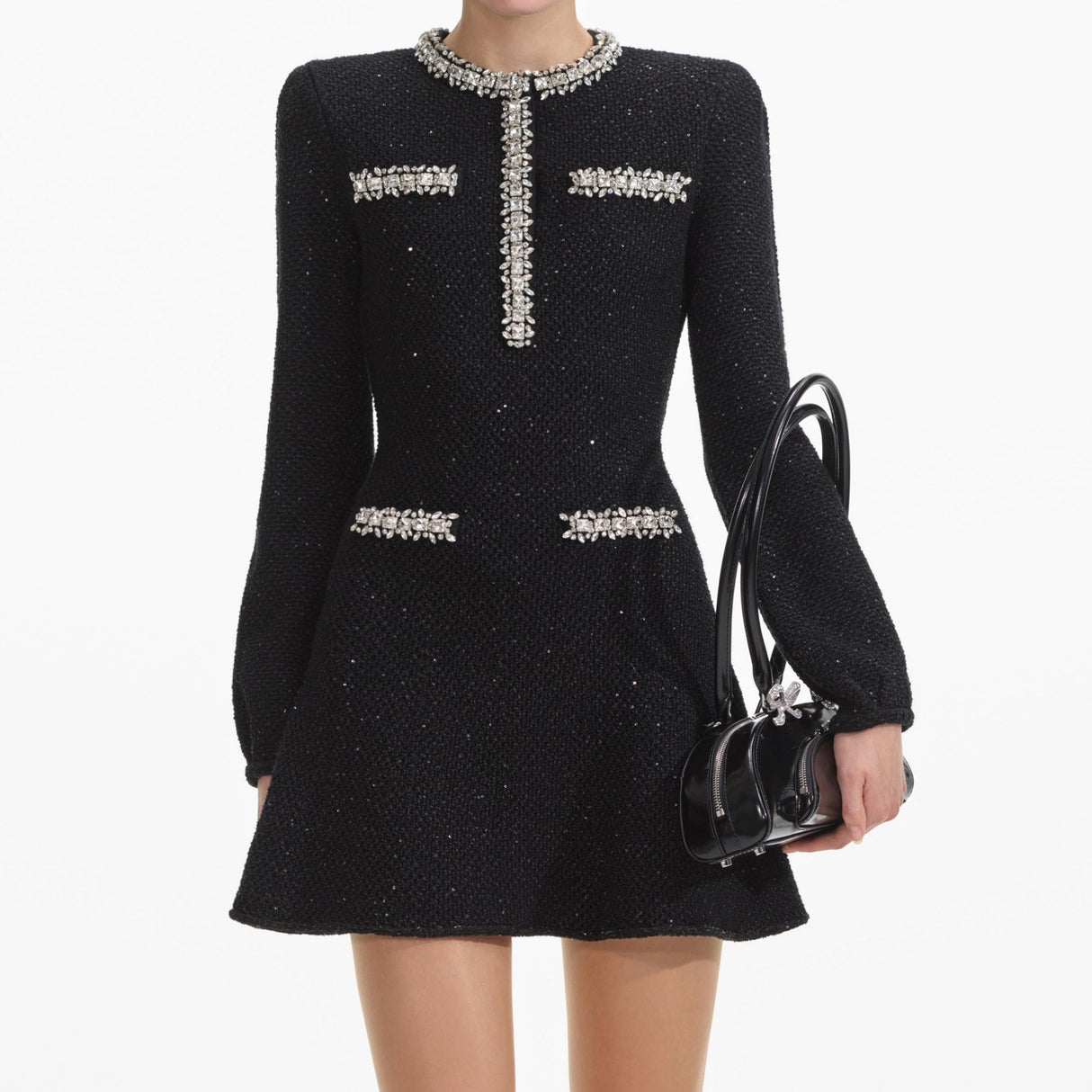 Dress - A - Line Silhouette - Tailored Fit - Sparkling Embellishments - Jewelled Pocket Accents